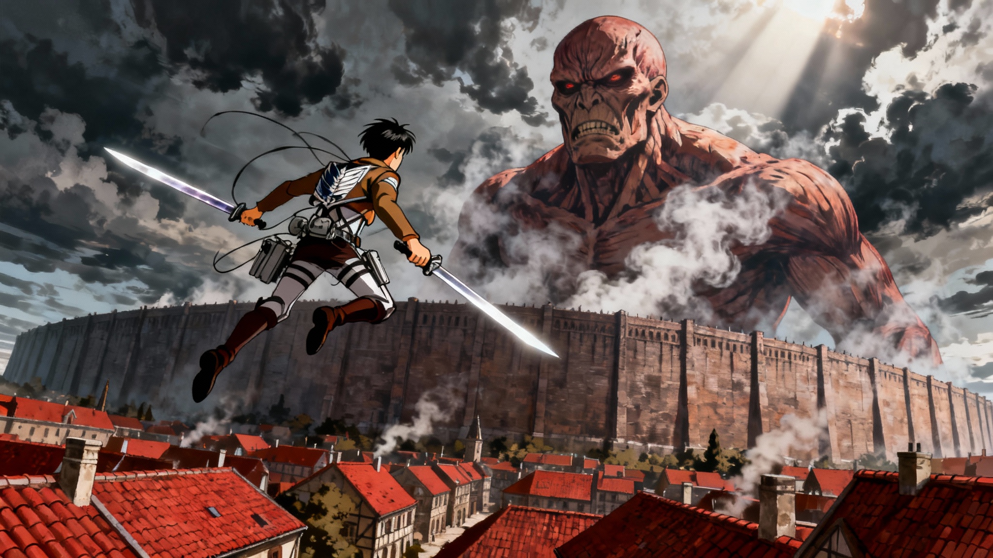 An anime-style background from 'Attack on Titan', showing a Survey Corps soldier using ODM gear to fight a giant, menacing Titan in front of a massive stone wall.