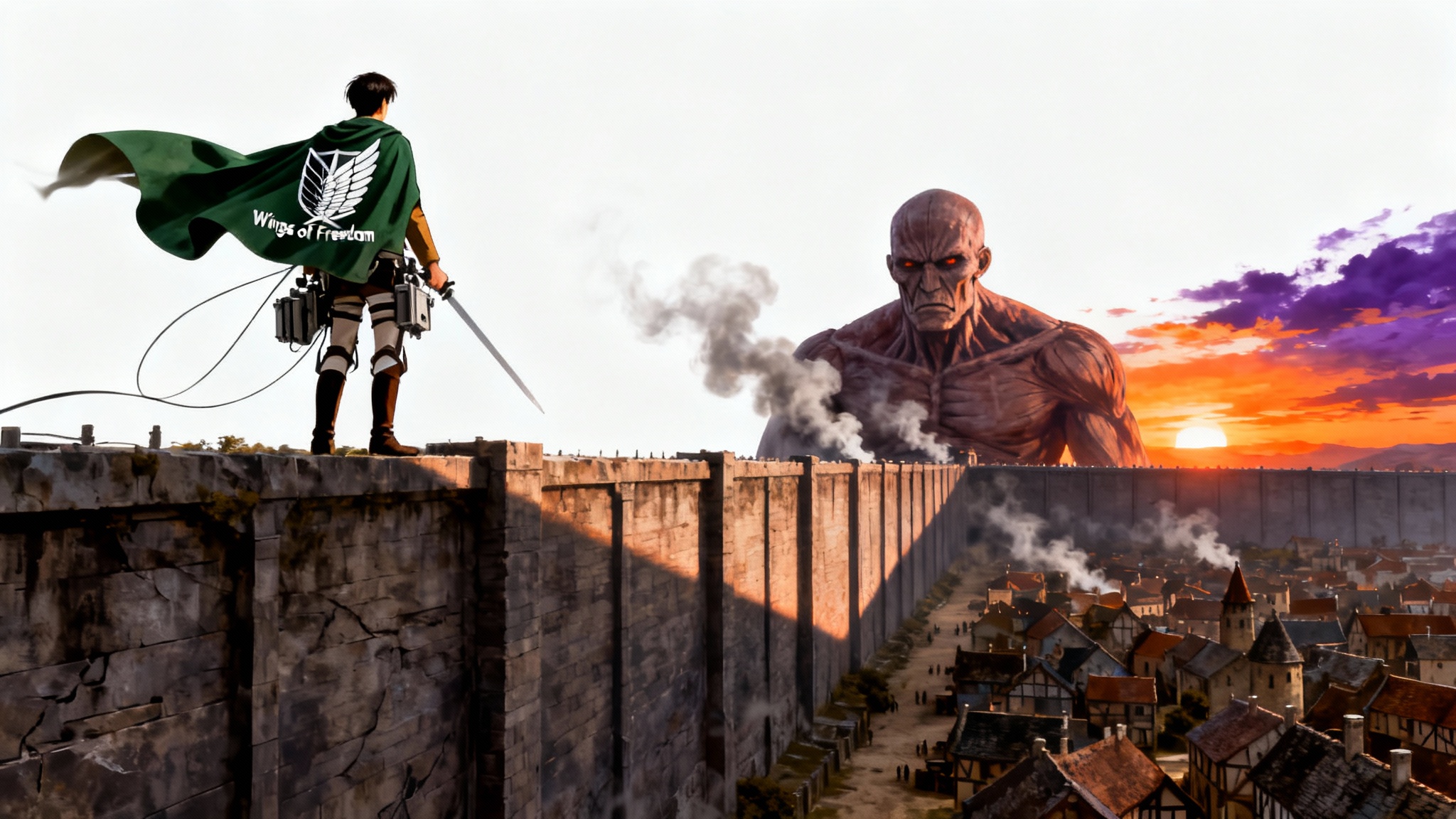 An epic Attack on Titan-themed background showing a soldier on a massive wall facing a colossal Titan at sunset, evoking a sense of drama and scale.