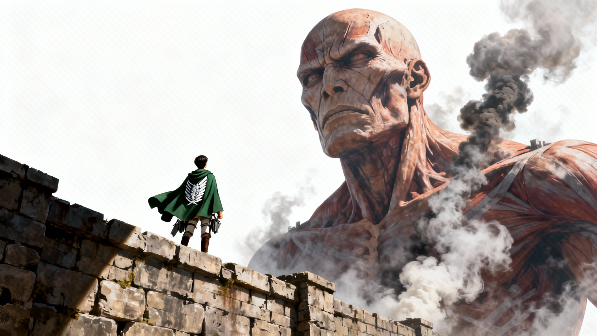 An epic Attack on Titan background showing the Colossal Titan peering over a massive wall at a lone Survey Corps soldier, set against a white background.