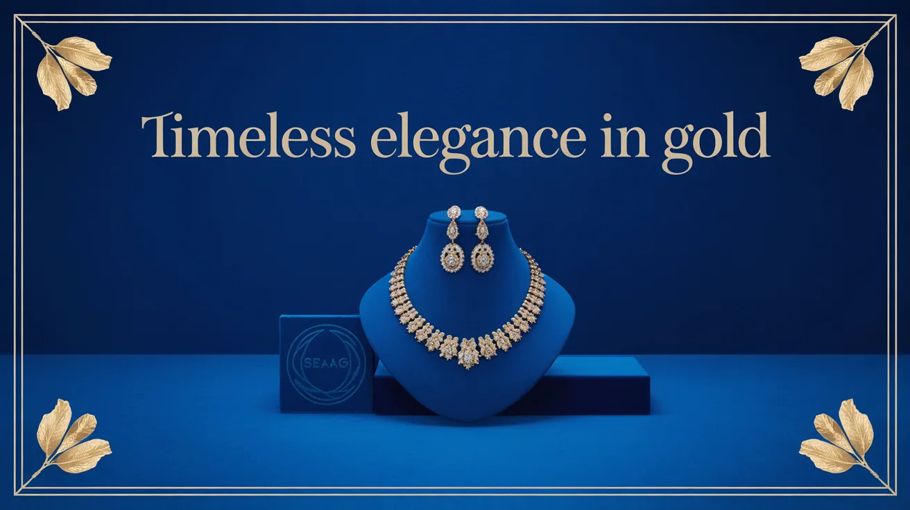 A professionally designed banner for a gold jewelry collection, featuring exquisite gold pieces on a royal blue background with the headline 'Timeless Elegance in Gold' in a stylish font.