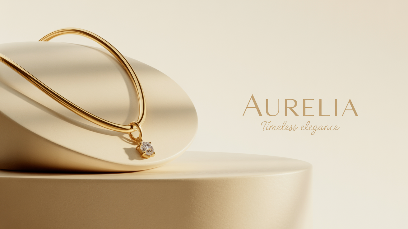 A luxurious gold jewelry banner advertisement for the brand 'AURELIA', showcasing a delicate gold and diamond necklace on a pedestal against a clean, off-white background with the tagline 'Timeless Elegance'.