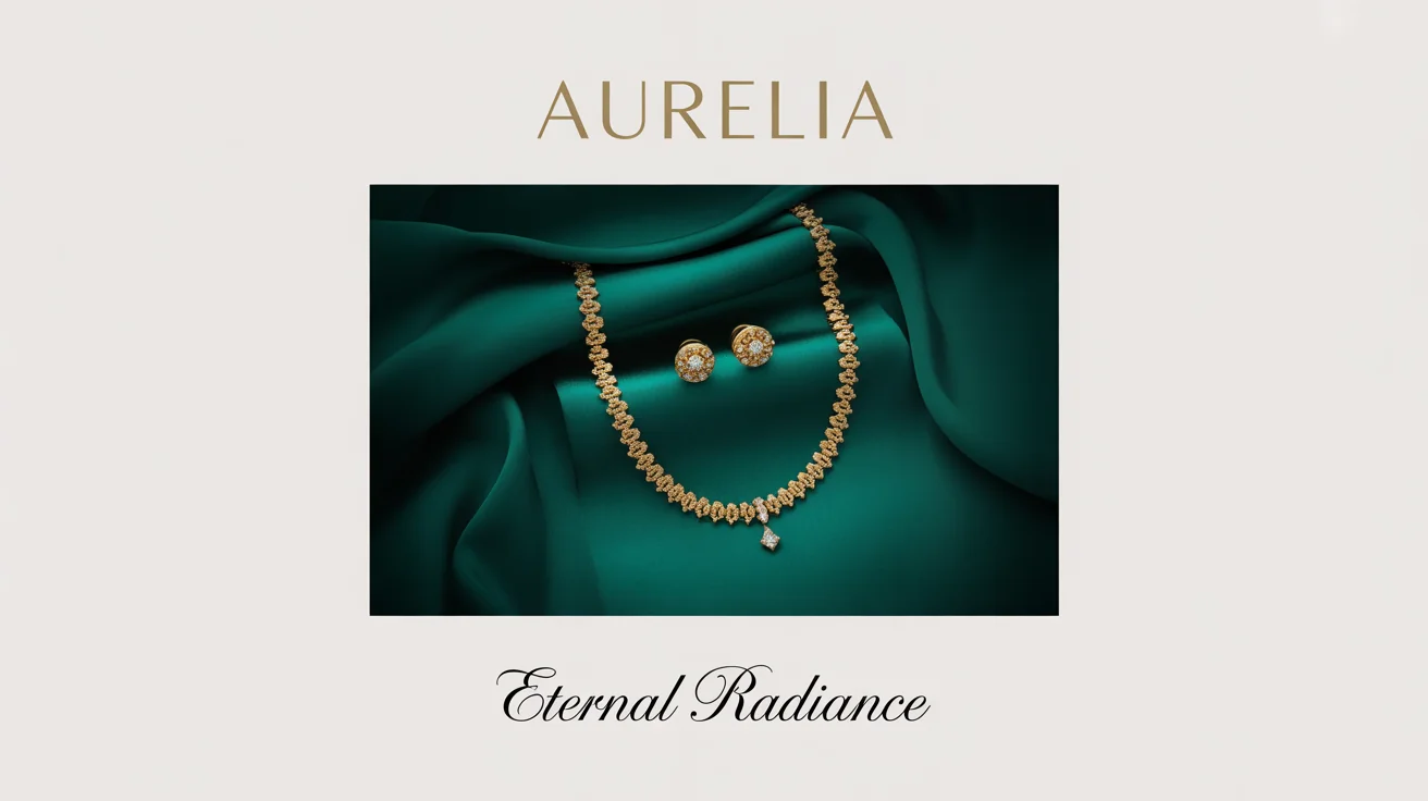An elegant advertising banner for 'Aurelia' gold jewellery, showcasing a delicate gold necklace and earrings on a luxurious emerald green background, set against a plain white backdrop.