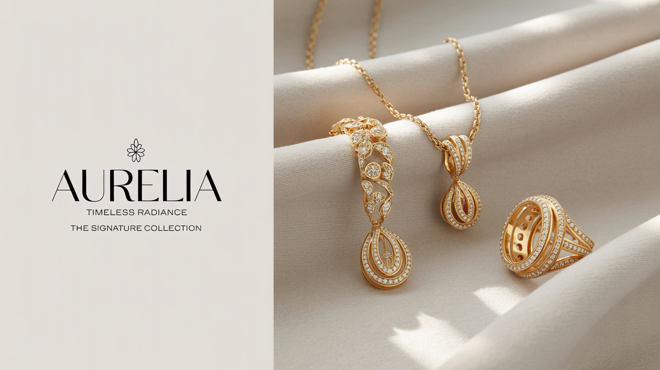 An elegant banner for 'AURELIA' gold jewelry, showcasing a matching gold necklace, earrings, and ring on a clean white background, with the text 'Timeless Radiance' and 'The Signature Collection'.