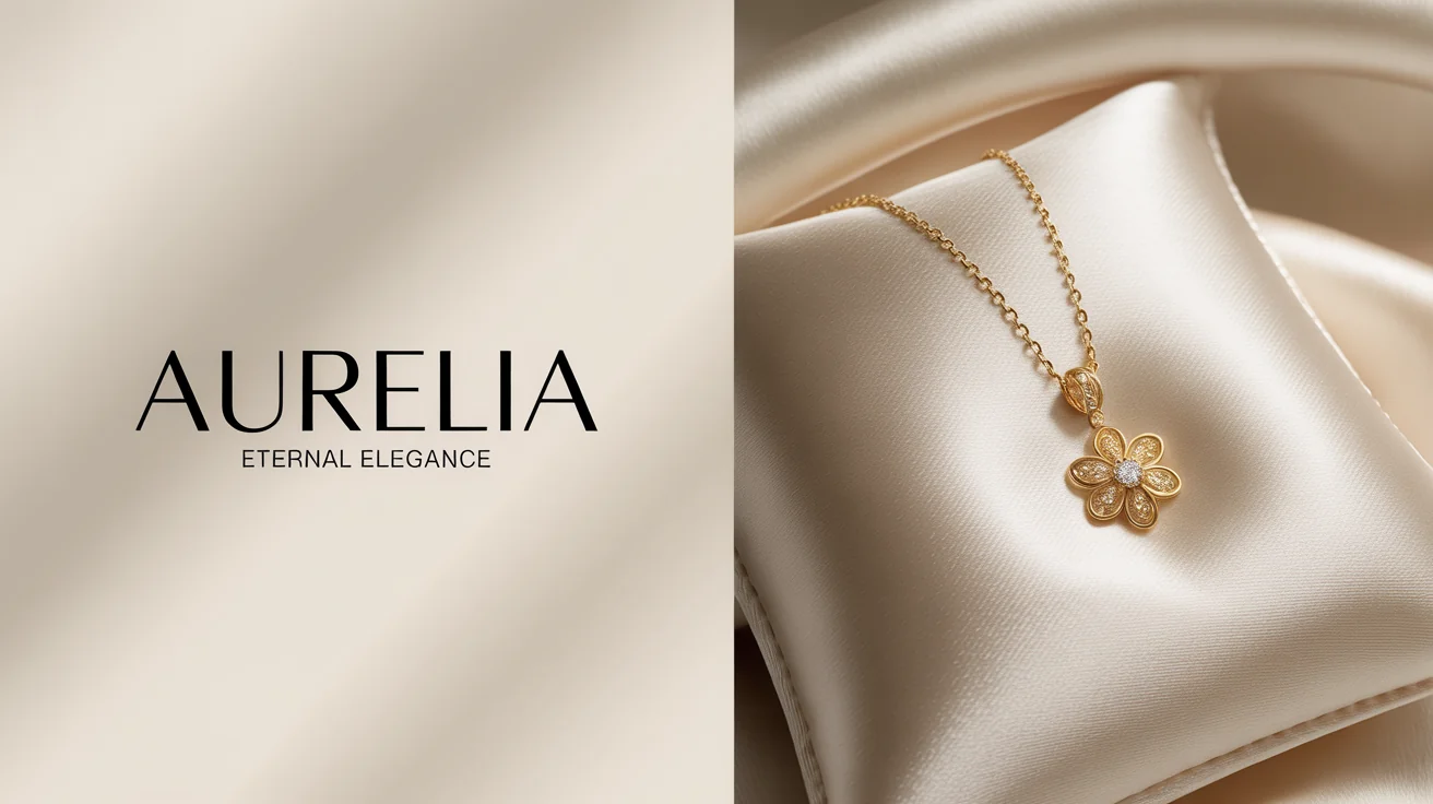 A luxurious banner for the jewellery brand Aurelia, showing a delicate gold and diamond necklace next to the text 'AURELIA' and 'ETERNAL ELEGANCE' on a clean, off-white background.