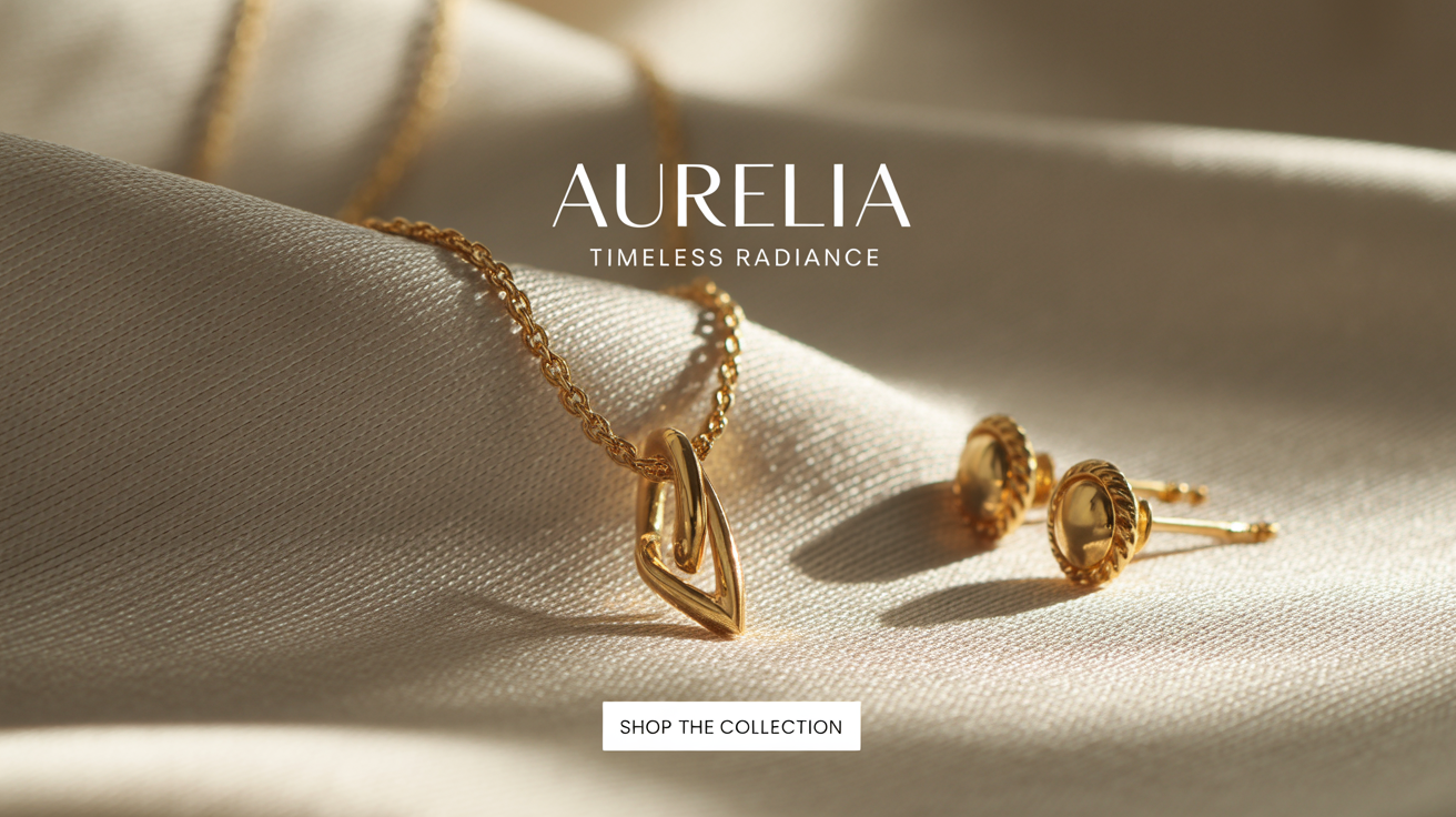 An elegant banner for a gold jewellery brand named 'Aurelia', showcasing a minimalist gold necklace and earrings against a clean, off-white background with the text 'Timeless Radiance' and 'Shop The Collection'.