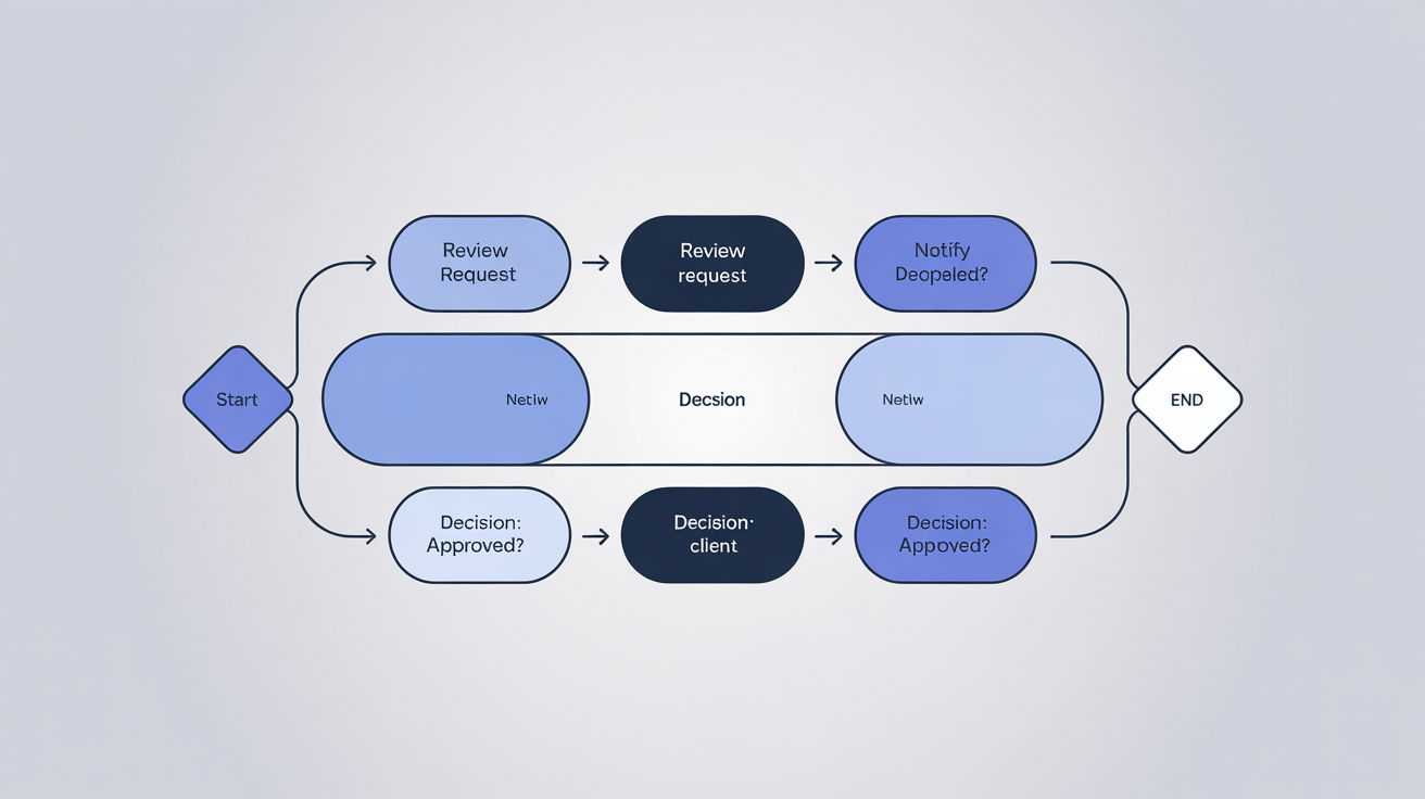 A modern and professional workflow diagram showing a business process with interconnected shapes and text, representing the output of a design tool.