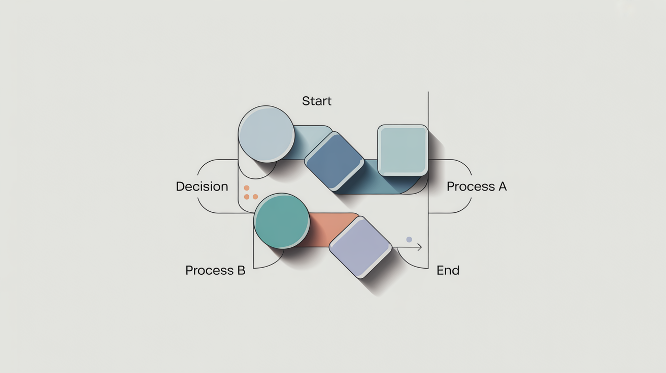 A stylized mockup of a workflow diagram on a white background, featuring interconnected blue and gray shapes with text like 'Start' and 'Decision' to illustrate a business process.