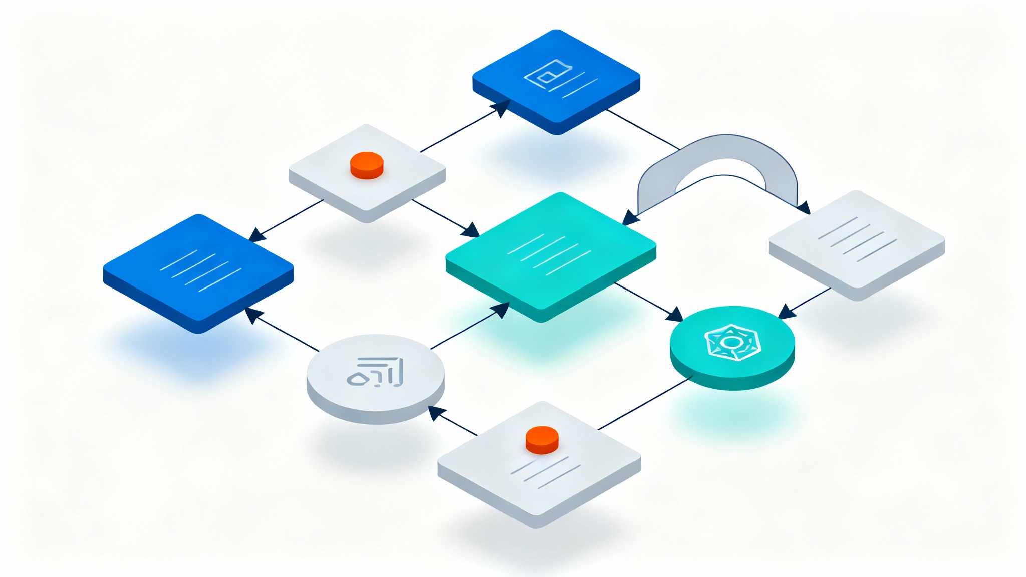 A professional and modern workflow diagram with interconnected shapes and arrows in blue and orange, shown on a clean white background.