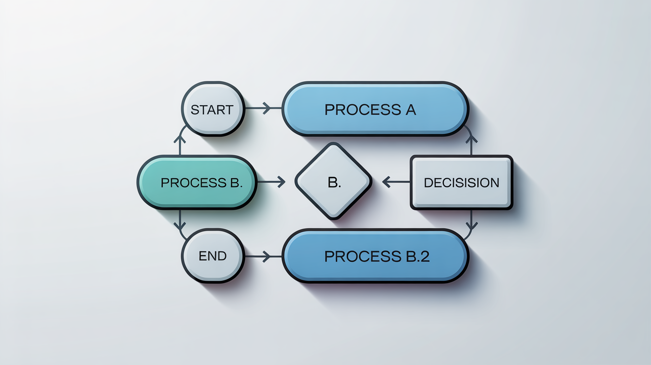 A modern workflow diagram mockup showing a business process. It uses blue, teal, and gray shapes connected by arrows on a white background, with placeholder text like 'Start' and 'Process A'.