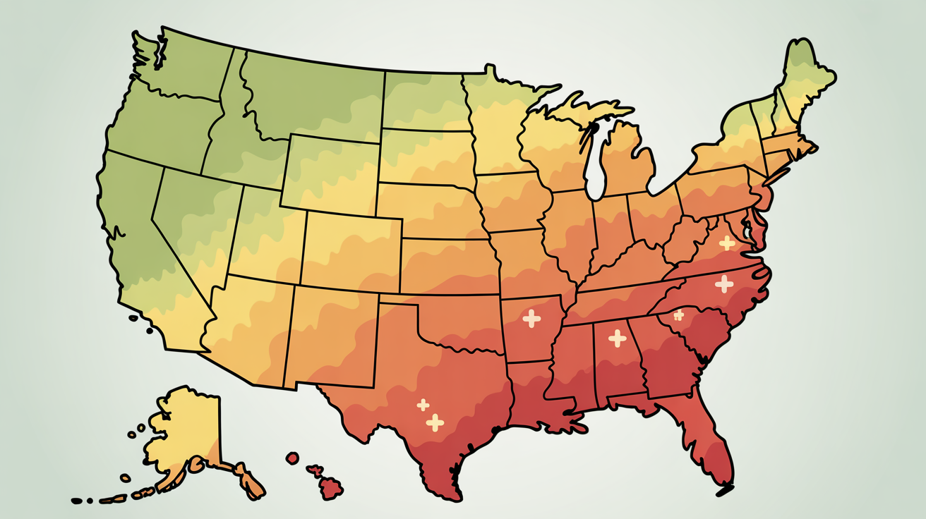 A digital map of the United States showing ragweed allergy levels, with regions color-coded from green (low) to red (severe) to indicate pollen severity.