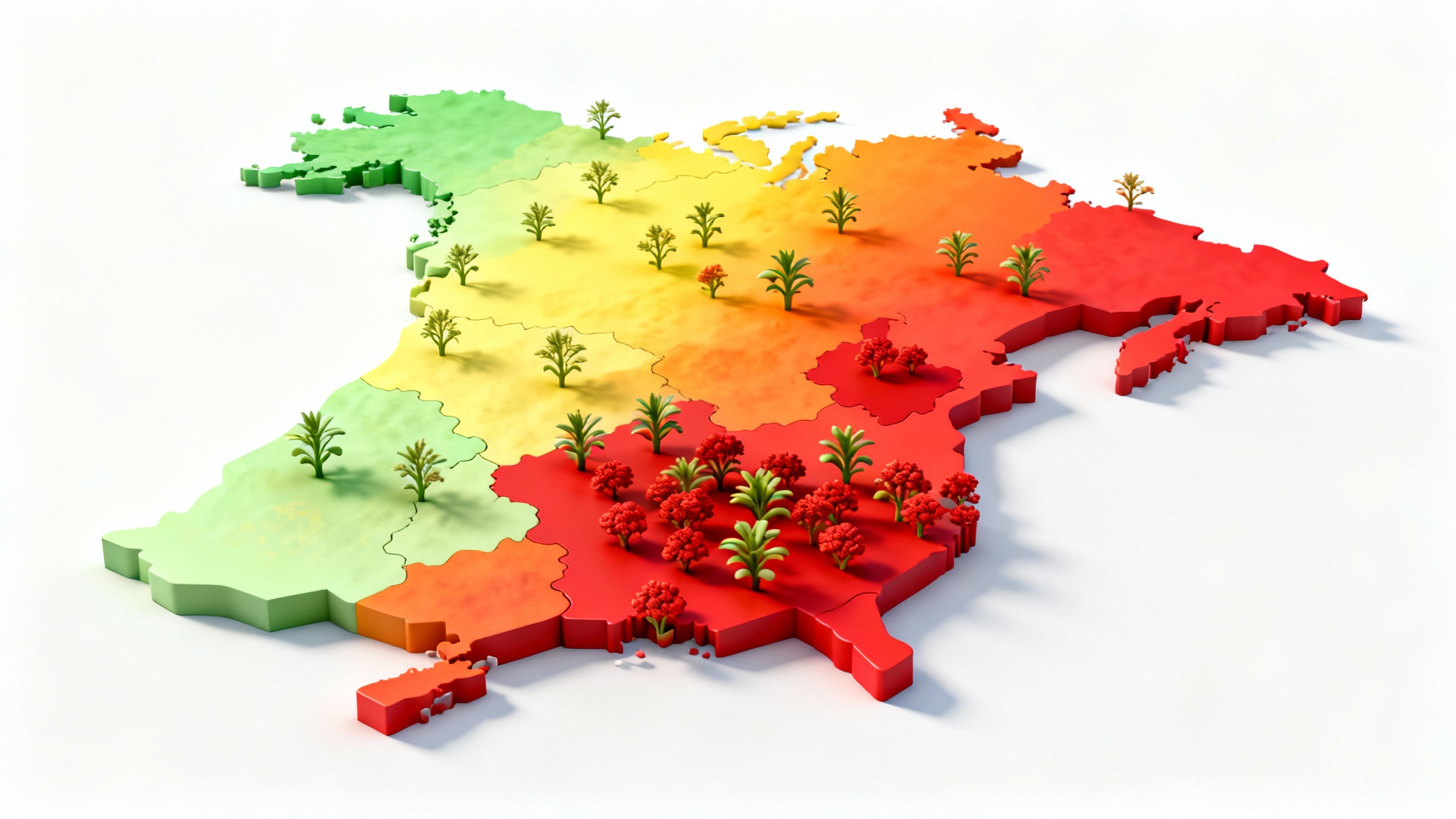 A stylized 3D map infographic showing ragweed allergy levels across a fictional continent. Red and orange zones indicate high pollen concentration, while green areas show low levels, all on a clean white background.