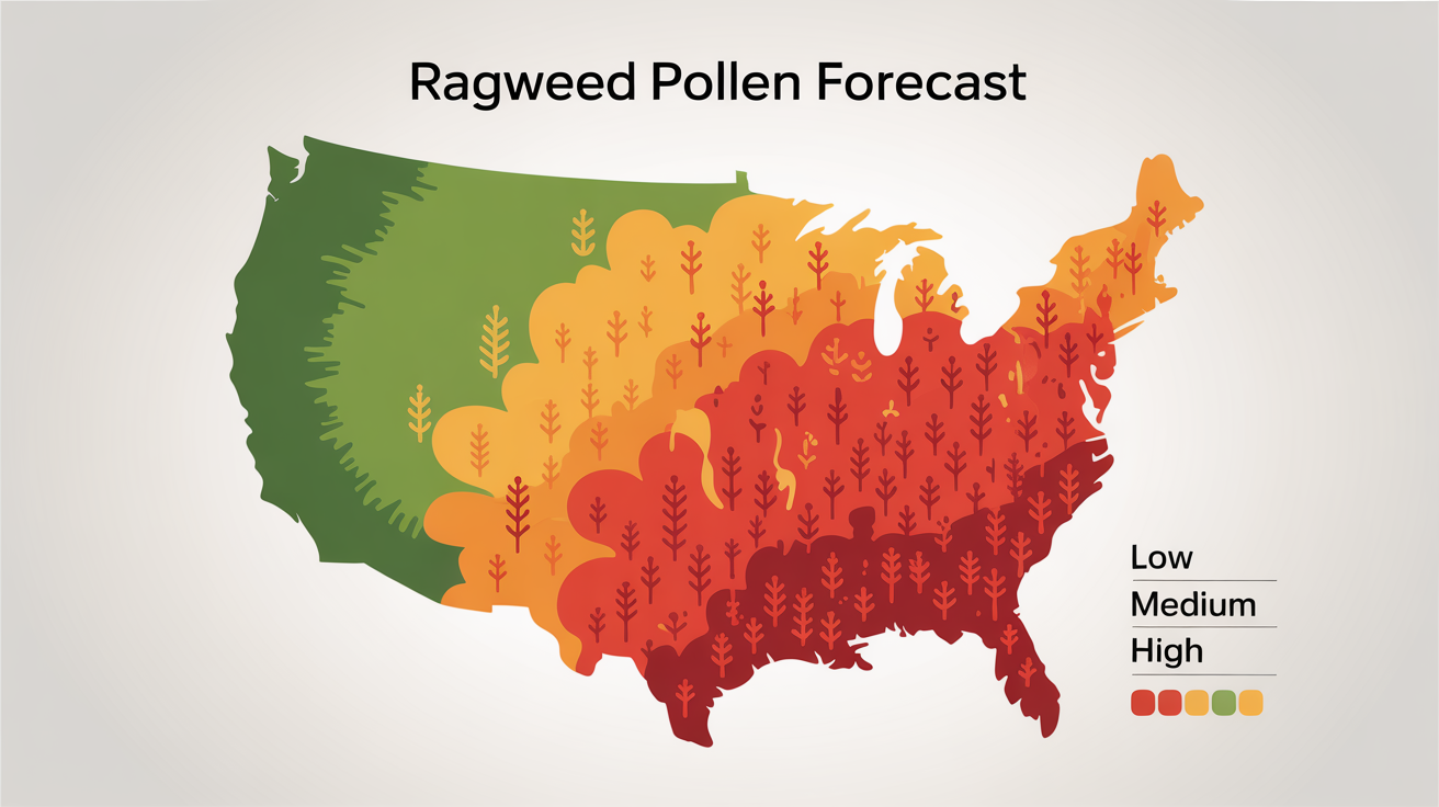 An infographic map of the United States showing a ragweed pollen forecast, with areas color-coded from green (low) to red (high) to indicate allergy severity.