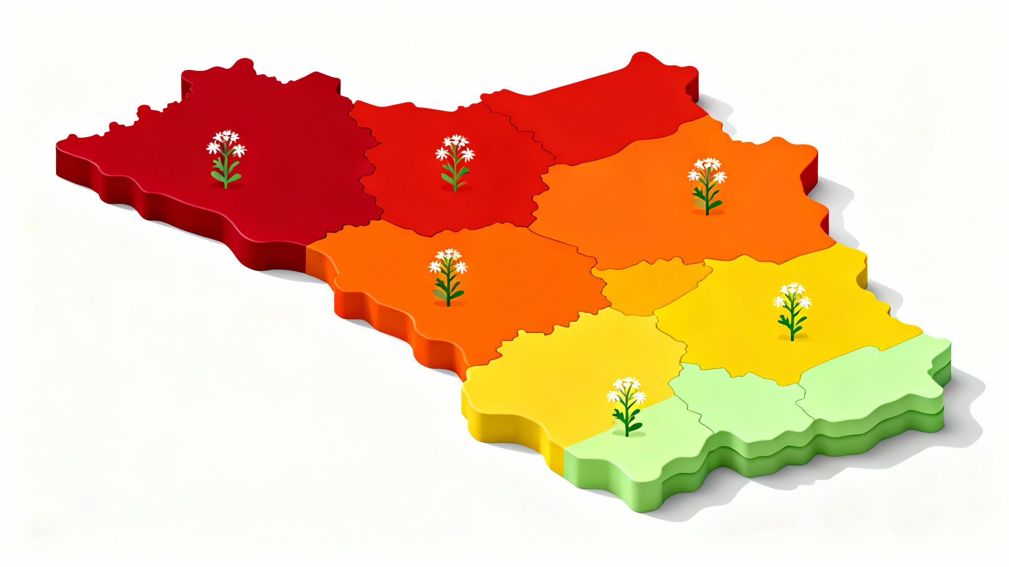 A stylized 3D map showing ragweed allergy pollen levels with a color-coded system from green (low) to red (severe), set against a clean white background.