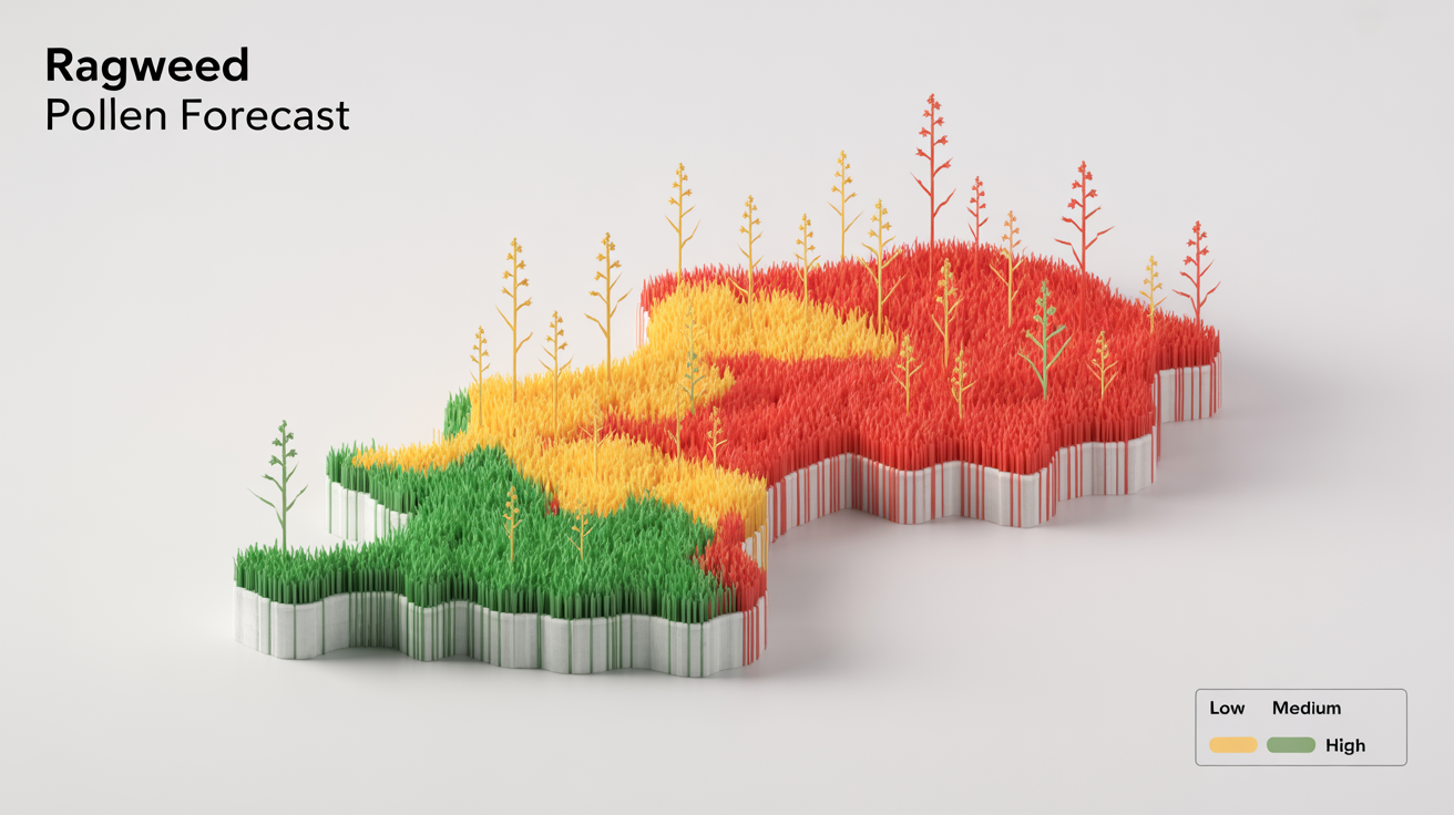 A stylized 3D infographic map on a white background, showing a ragweed pollen forecast with a color-coded heat map ranging from green (low) to red (high).
