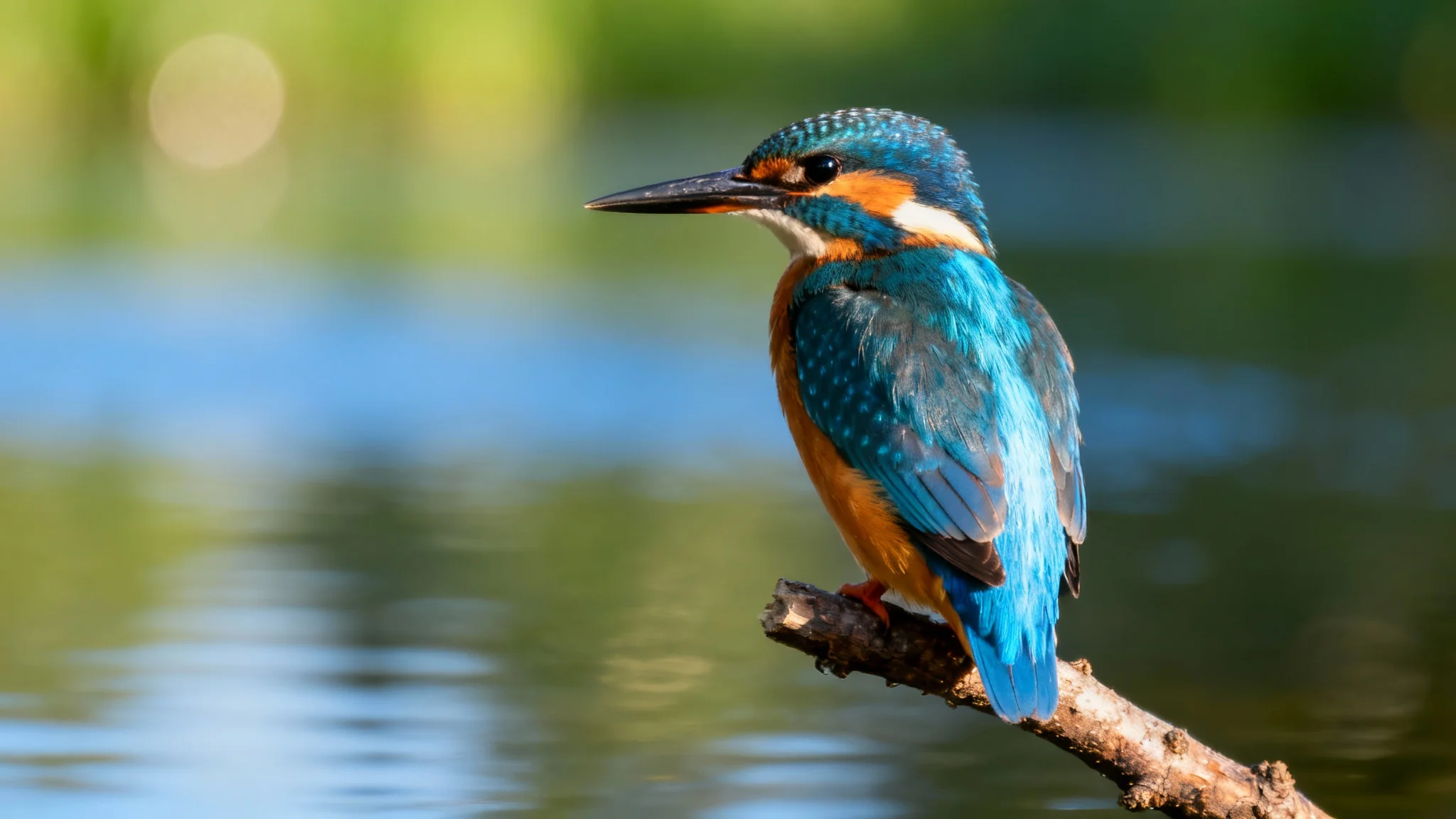 A hyper-realistic, eye-catching photo of a vibrant blue and orange kingfisher bird perched on a branch, with a beautifully blurred natural background.