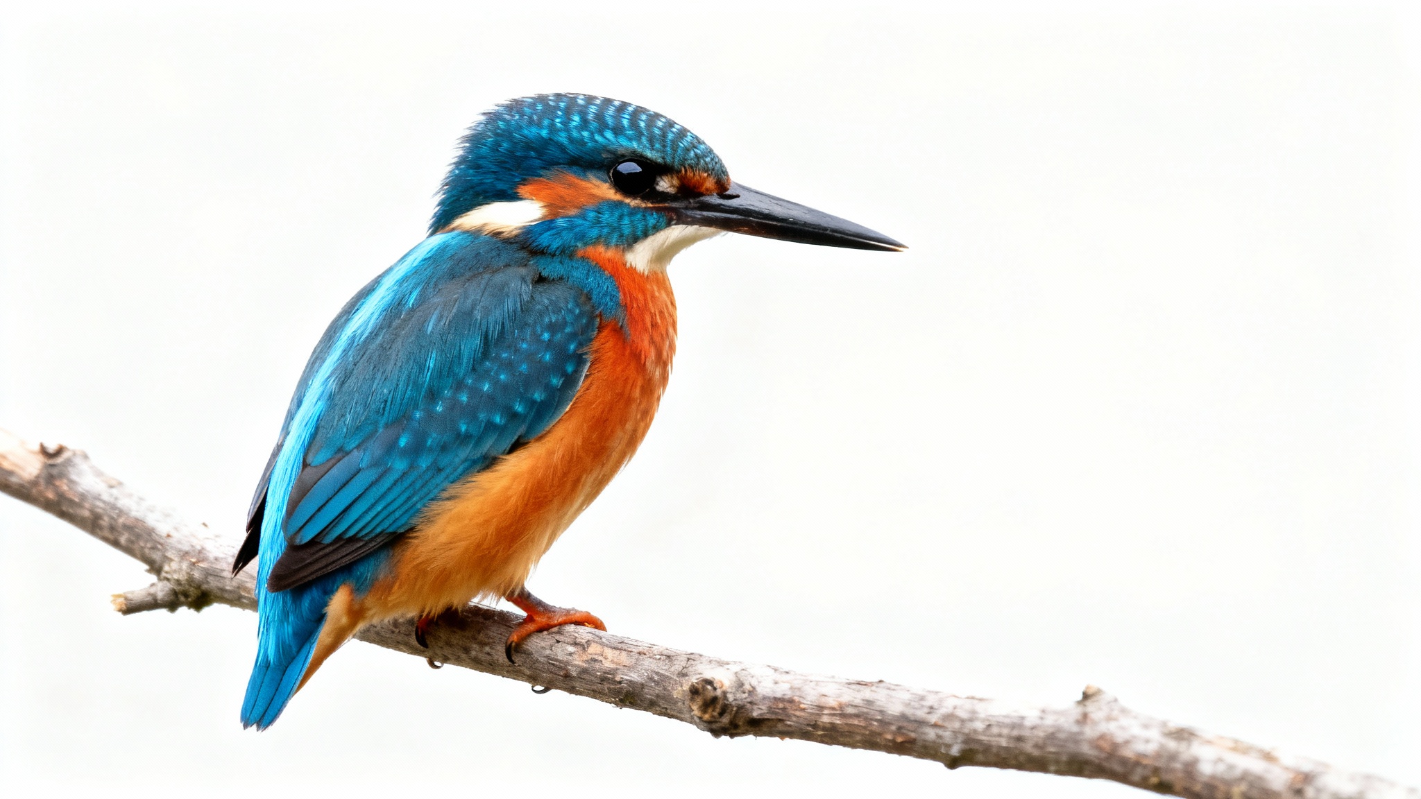 A hyper-realistic, studio-quality photograph of a brightly colored Kingfisher bird perched on a branch, isolated against a plain white background.
