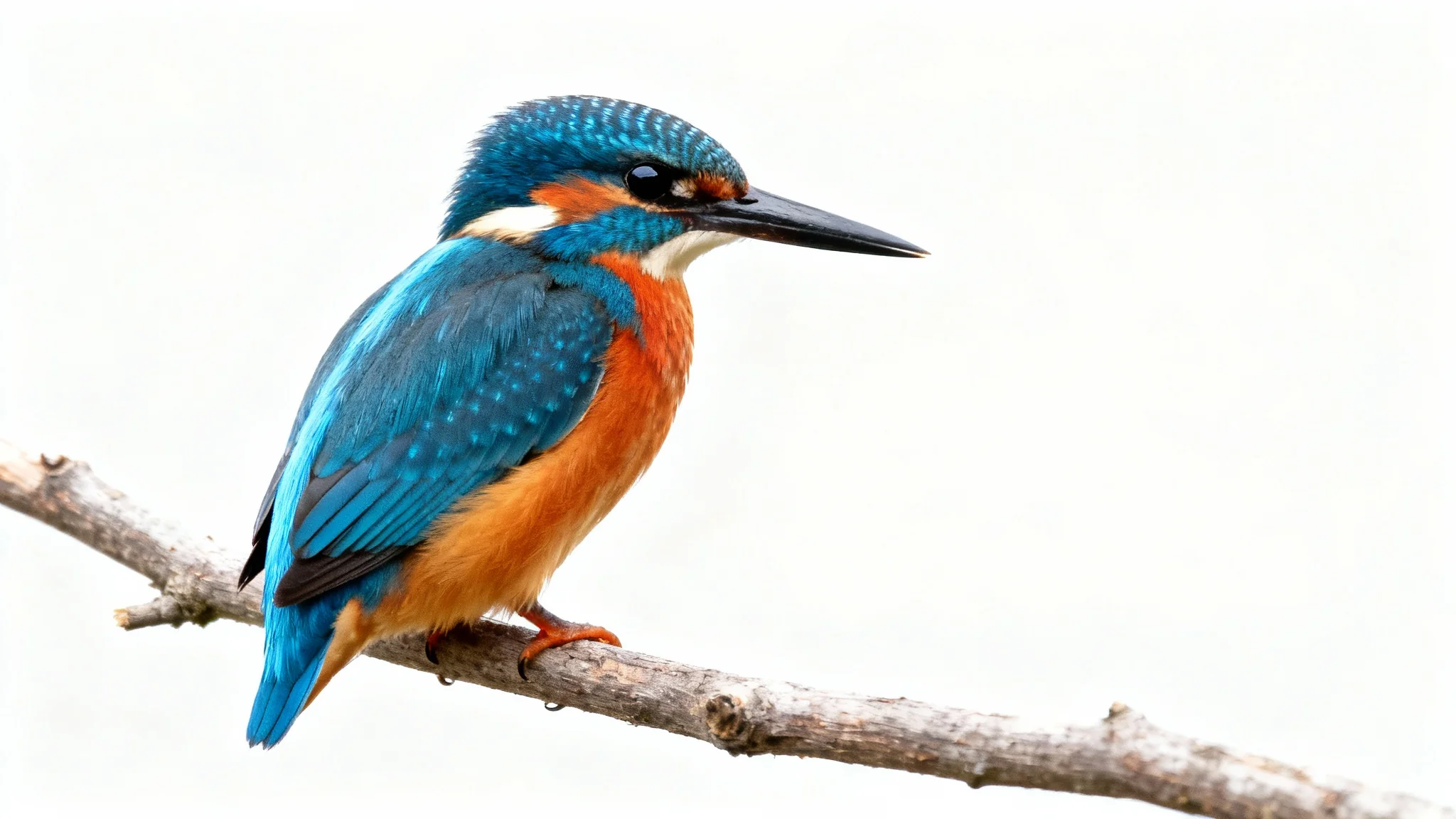 A hyper-realistic, studio-quality photograph of a brightly colored Kingfisher bird perched on a branch, isolated against a plain white background.