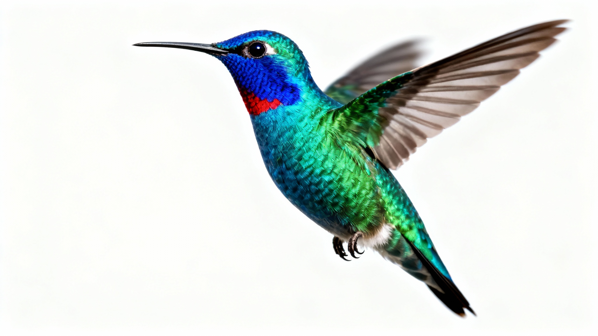 A hyper-realistic image of a colorful hummingbird hovering gracefully against a plain white background, its intricate feathers and motion-blurred wings captured in stunning detail.