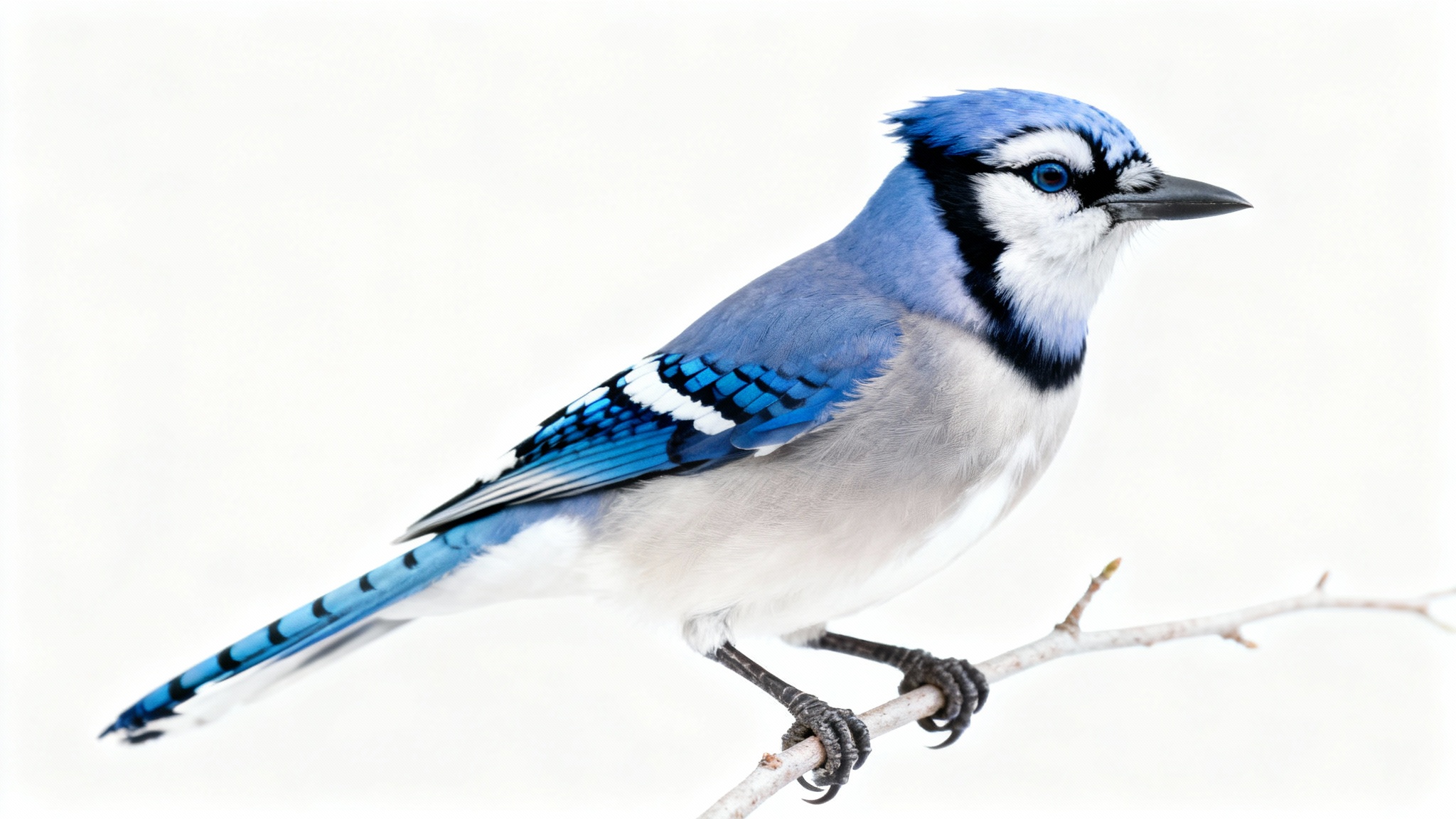 A highly detailed, photorealistic image of a vibrant blue jay perched on a branch, set against a solid white background.