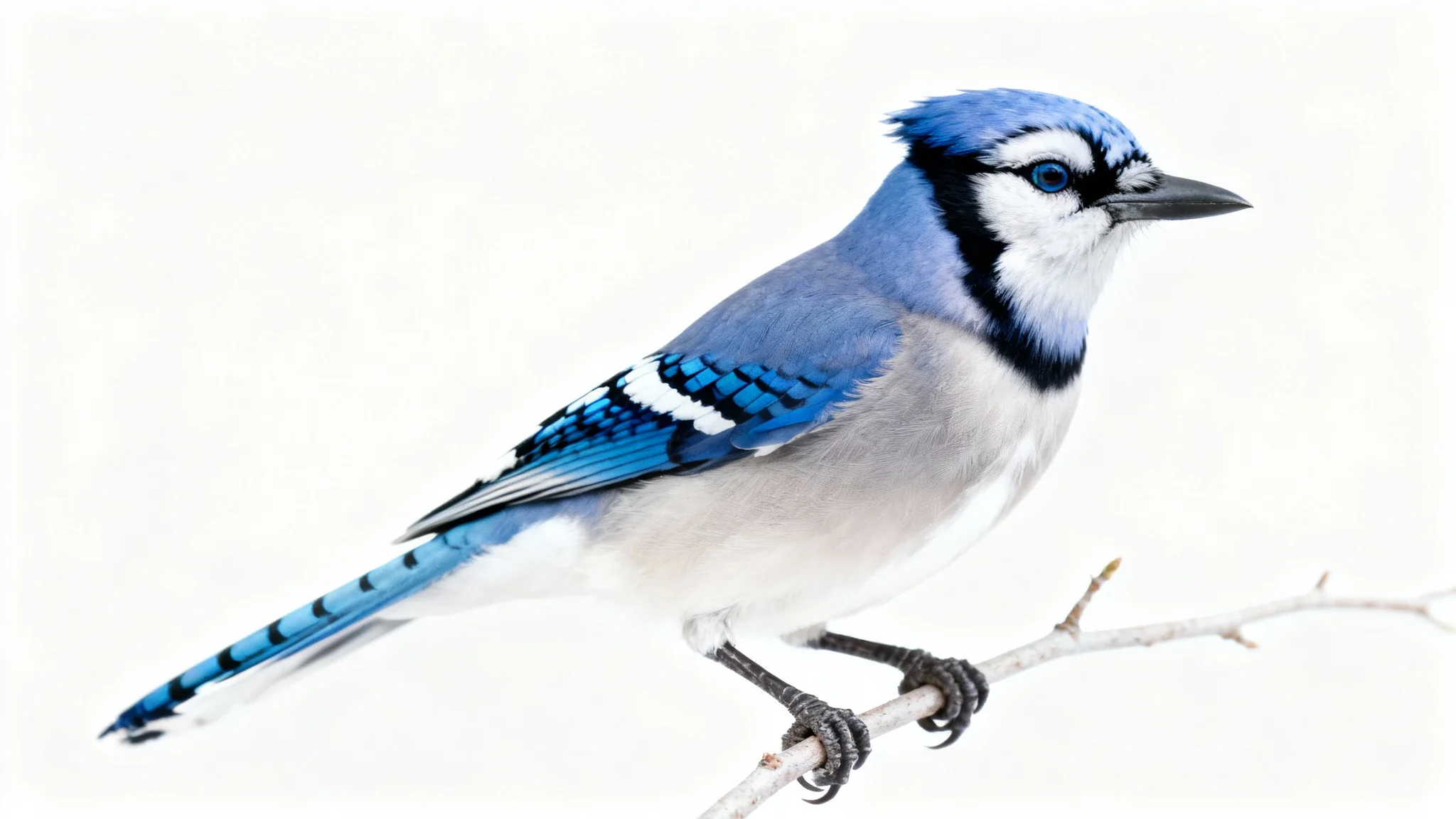 A highly detailed, photorealistic image of a vibrant blue jay perched on a branch, set against a solid white background.