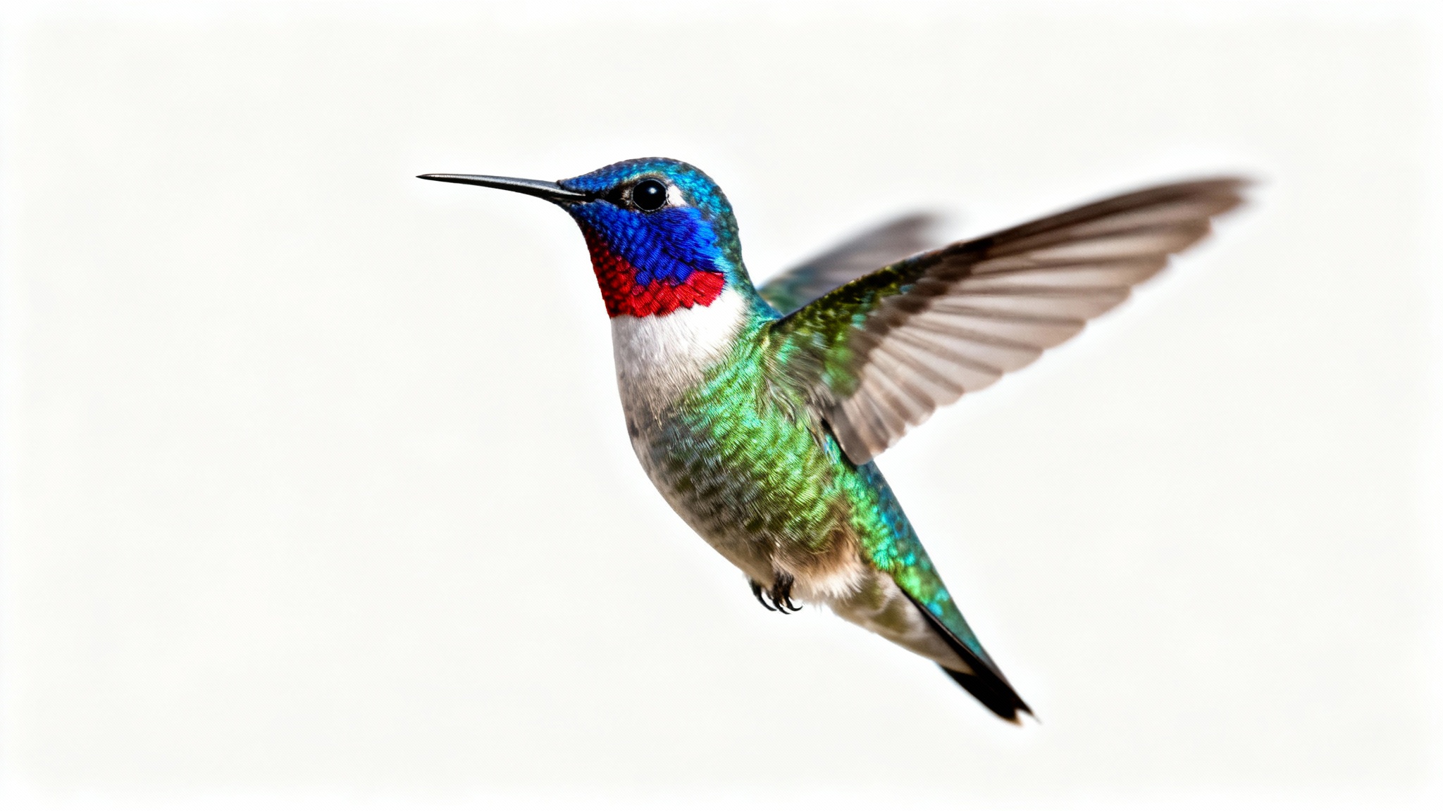 A hyper-realistic, close-up photograph of a brightly colored hummingbird hovering in mid-air against a solid white background, its iridescent green and red feathers in sharp detail.