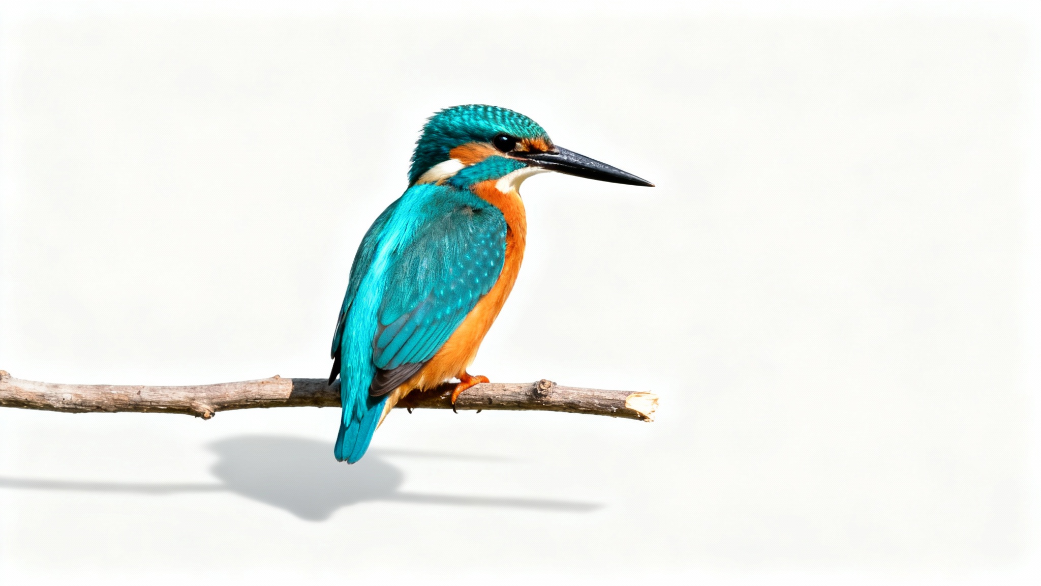 A hyper-realistic photo of a single, colorful kingfisher bird with bright blue and orange feathers, perched on a small branch against a solid white background.
