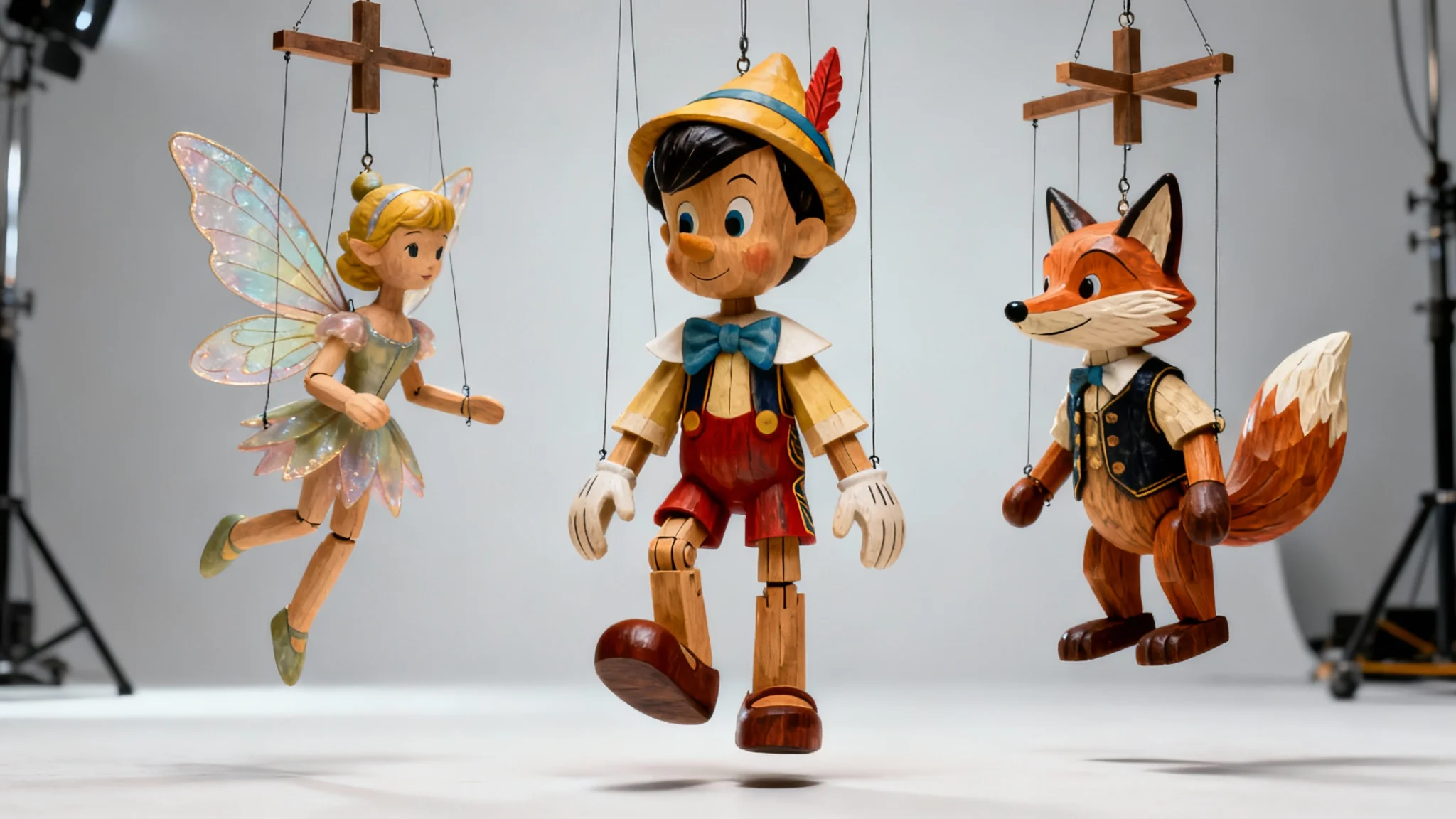 An eye-catching hero image showcasing three beautifully designed and crafted wooden marionettes—a boy, a fairy, and a fox—suspended against a clean studio background.