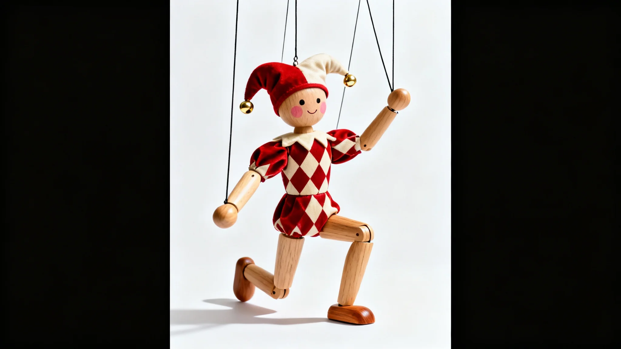 A beautifully crafted wooden marionette of a jester in a red and cream costume, posed dynamically against a clean white background.