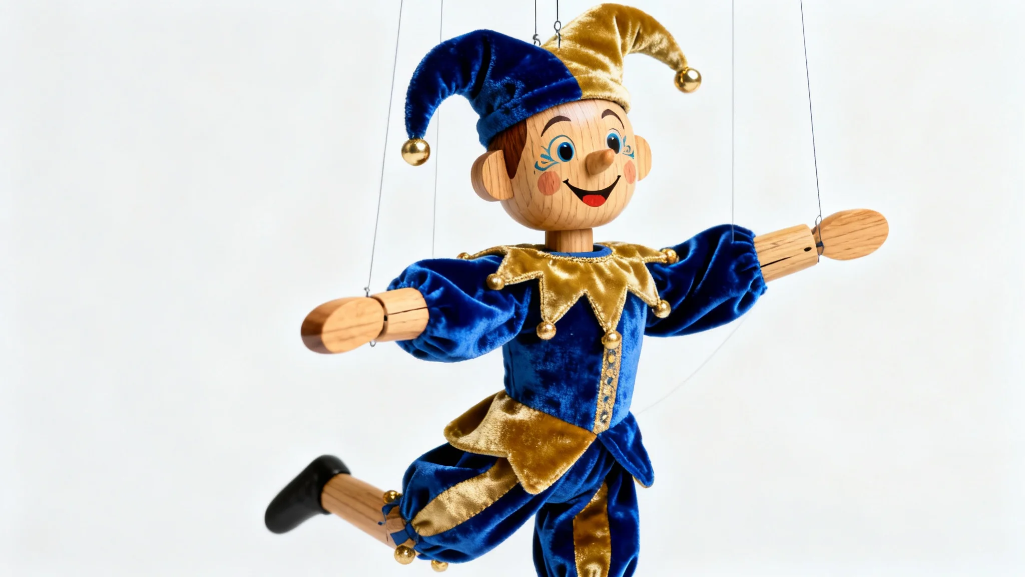A beautifully crafted wooden marionette of a jester in a colorful blue and gold costume, posed dynamically against a clean white background.