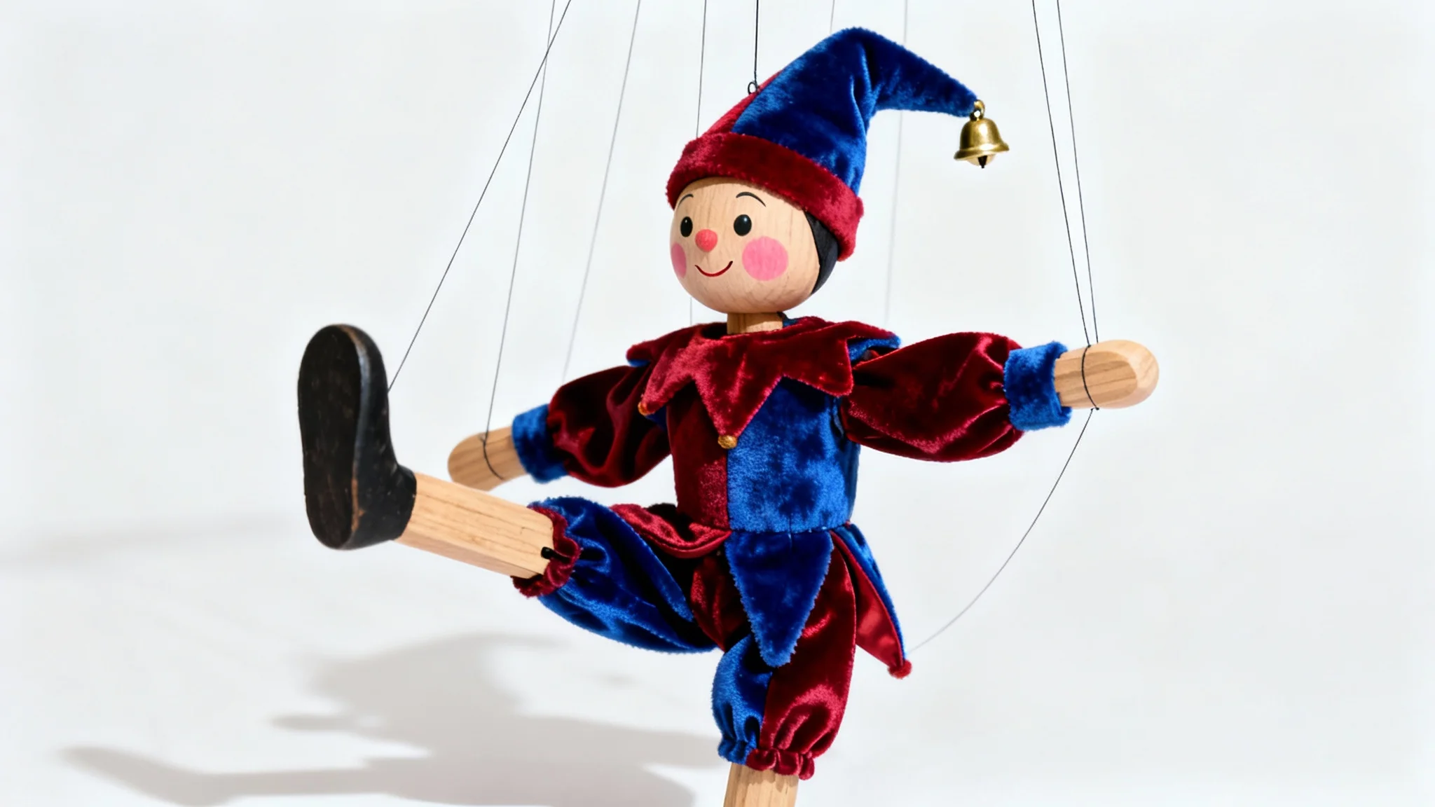 A studio photograph of a beautifully hand-crafted wooden marionette of a jester in a colorful costume, posed mid-dance against a clean white background.