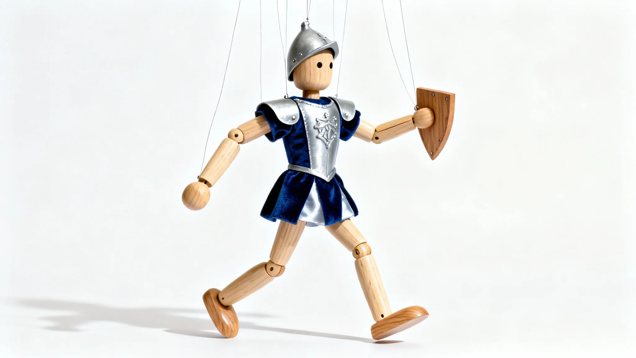 A full-body shot of a masterfully crafted wooden knight marionette with a blue and silver costume, posed mid-stride against a plain white background.