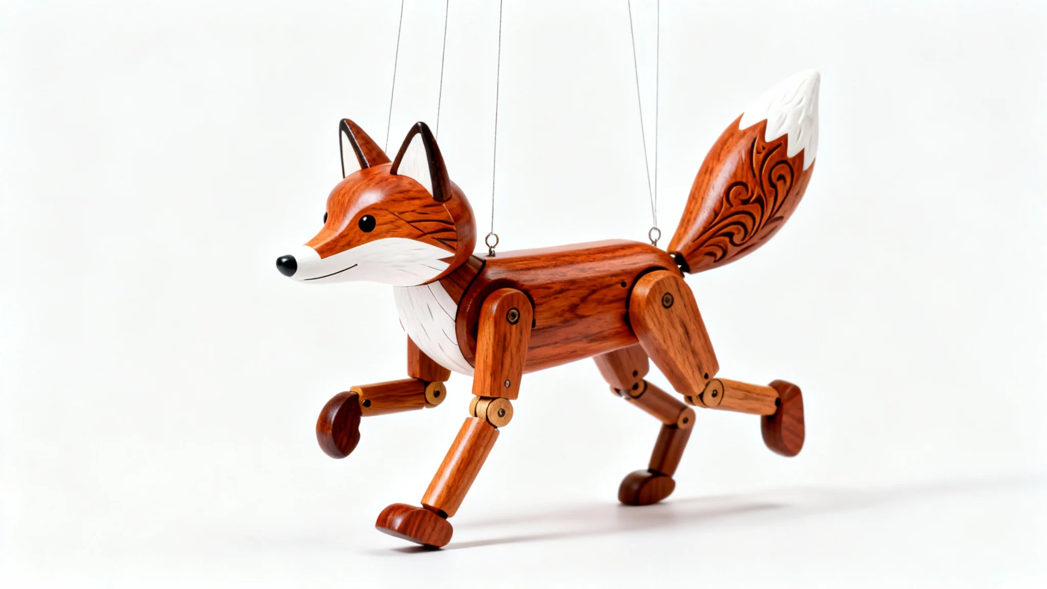 A photorealistic mockup of a beautifully crafted wooden fox marionette, posed playfully and isolated against a stark white background.