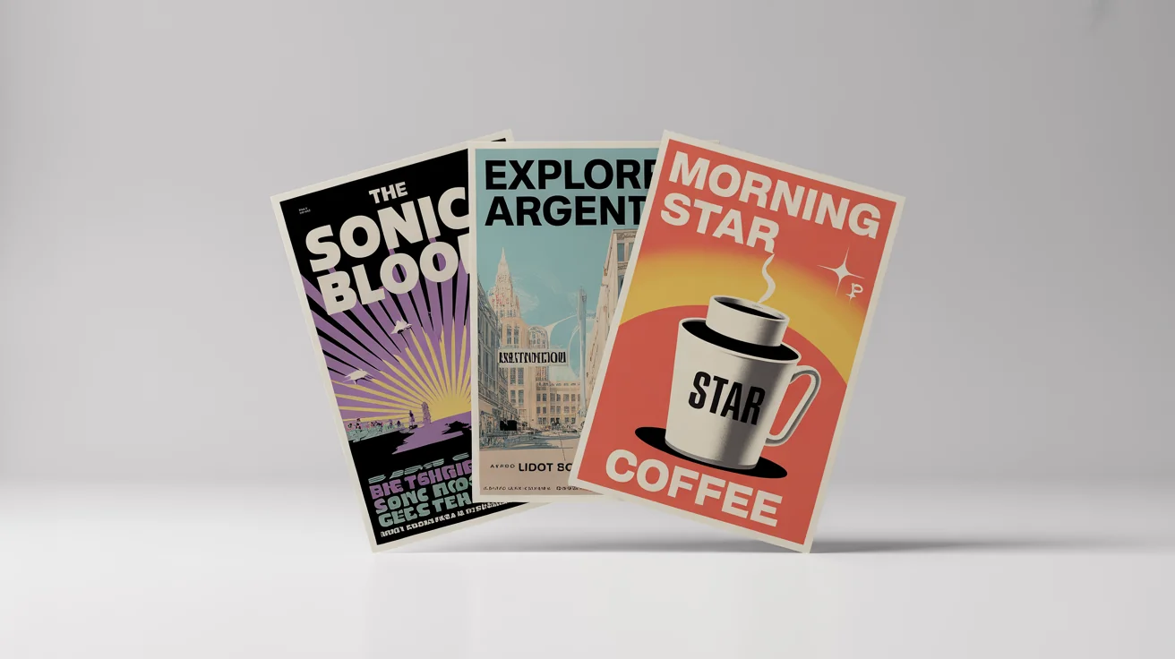 Three custom vintage poster mockups displayed on a white background. One is a 70s psychedelic music festival poster, another is an Art Deco travel poster, and the third is a 50s-style coffee advertisement.