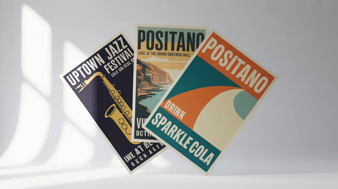 A mockup of three overlapping vintage posters on a white background. The posters advertise a jazz festival, a travel destination, and a fictional soda, each in a different vintage style.