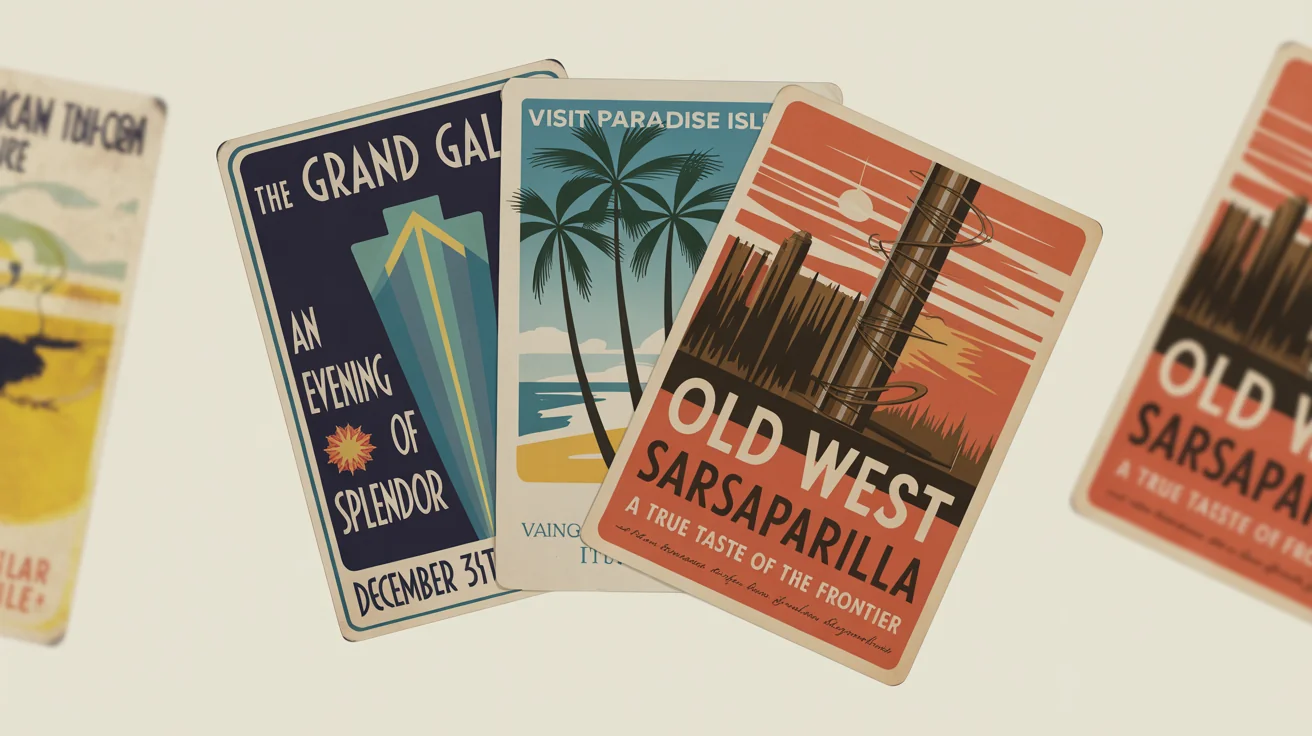 A mockup of three custom vintage posters fanned out on a white background. The posters feature different styles: Art Deco for a gala, mid-century modern for a travel destination, and a rustic western style for a sarsaparilla brand.
