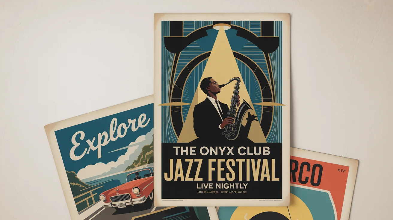 An artful arrangement of three custom vintage posters against a plain white background. The main poster is for 'THE ONYX CLUB JAZZ FESTIVAL' in an Art Deco style, next to a travel poster that says 'EXPLORE'.
