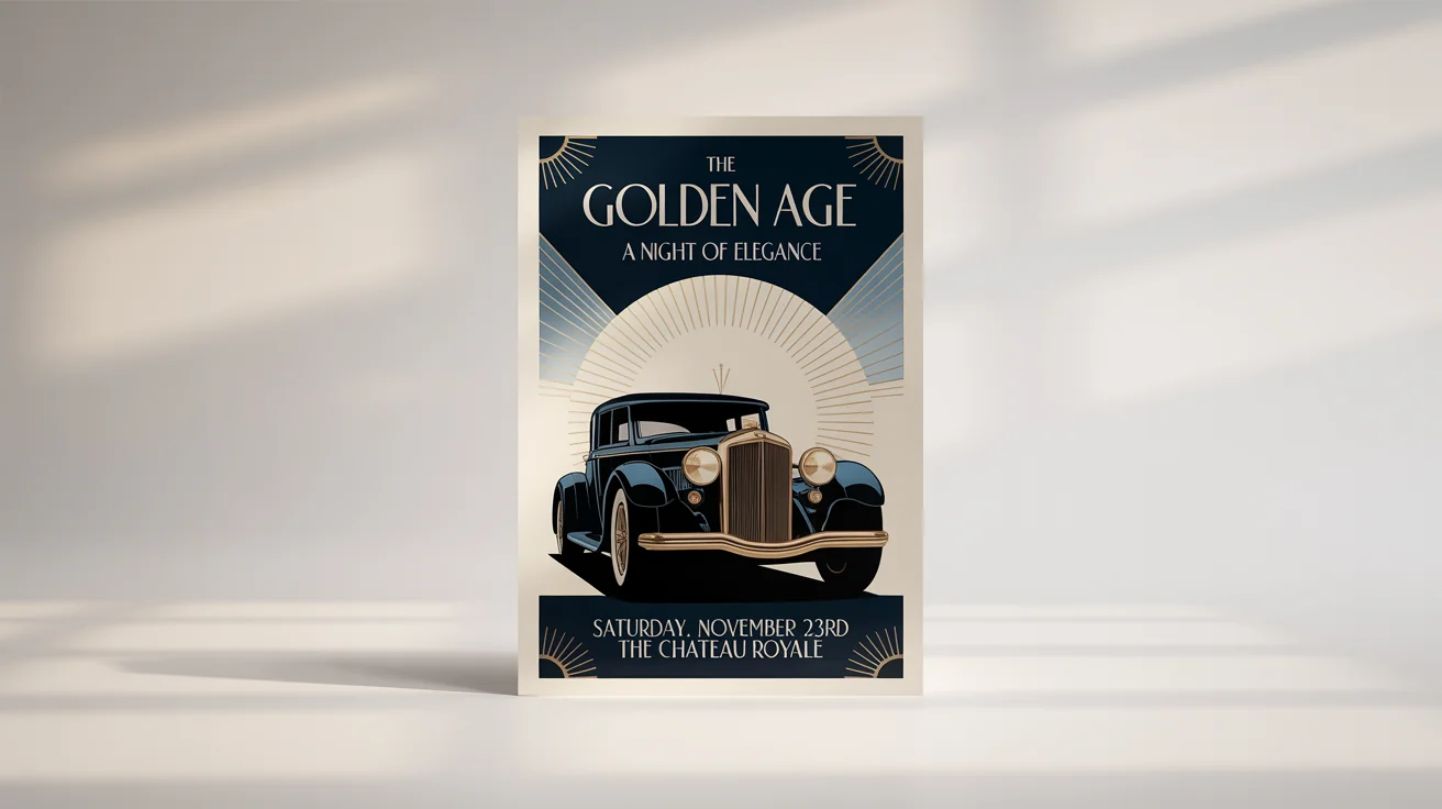 A mockup of a custom vintage Art Deco poster for 'The Golden Age Gala', featuring a classic car illustration on a navy and gold background, isolated on a white surface.