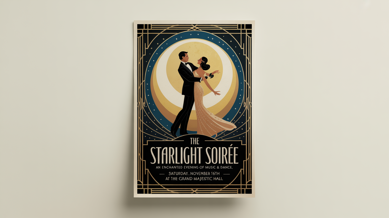 A mockup of a vintage Art Deco event poster for 'The Starlight Soirée', featuring a dancing couple under a crescent moon, with elegant gold and navy blue details on an off-white background.