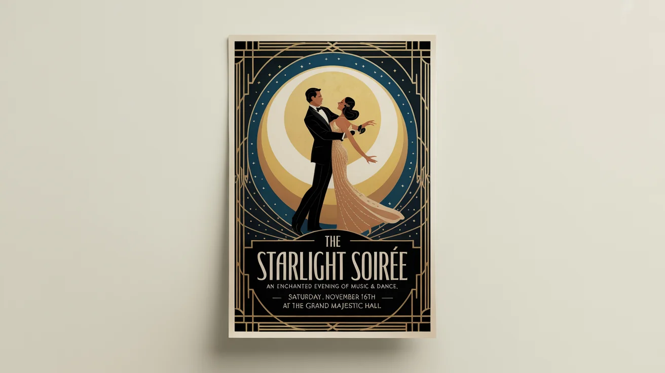 A mockup of a vintage Art Deco event poster for 'The Starlight Soirée', featuring a dancing couple under a crescent moon, with elegant gold and navy blue details on an off-white background.
