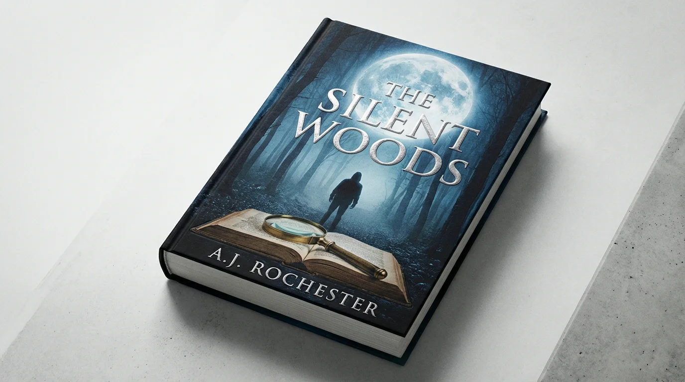 A professionally designed book cover for a mystery novel titled 'The Silent Woods', featuring a shadowy figure in a foggy forest under a full moon, with a magnifying glass in the foreground.