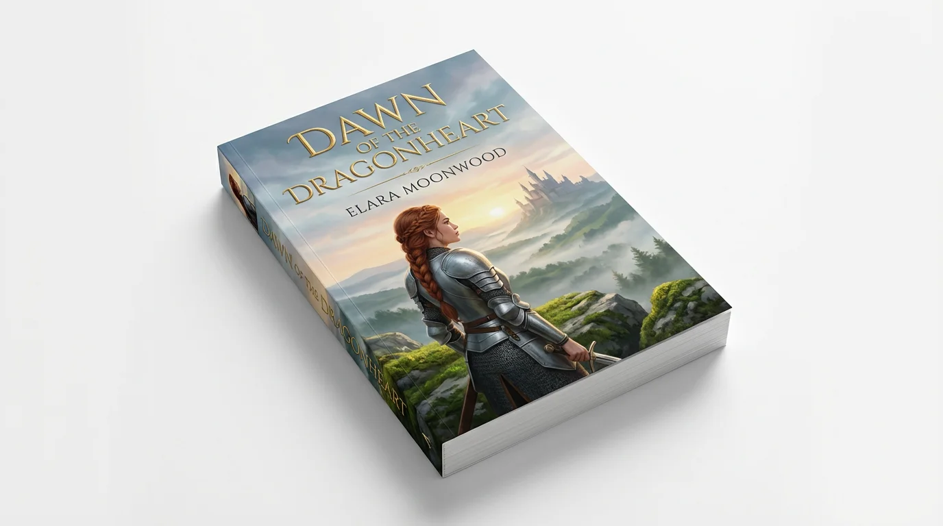 A professional mockup of a fantasy novel titled 'Dawn of the Dragonheart' by 'Elara Moonwood'. The book cover features an illustration of a female knight overlooking a valley and is displayed on a clean white background.