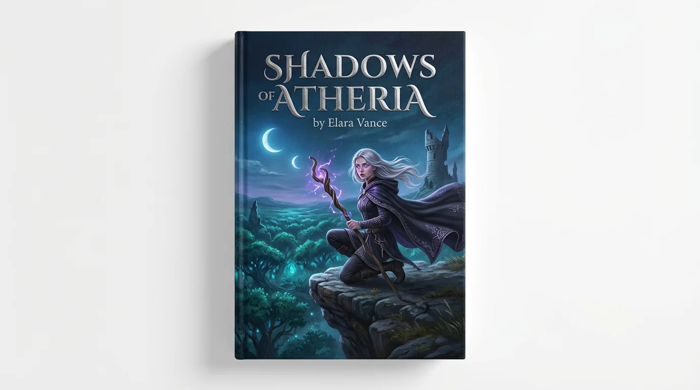 A fantasy book cover illustration titled 'Shadows of Atheria', featuring a sorceress with silver hair holding a glowing staff on a cliff overlooking a forest. The book cover is presented as a mockup on a clean white background.