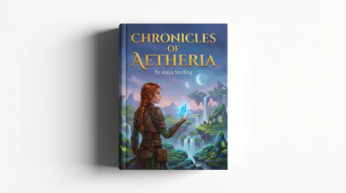 A physical mockup of a fantasy book titled 'Chronicles of Aetheria' showing a female protagonist on the cover, set against a solid white background to highlight the professional illustration.