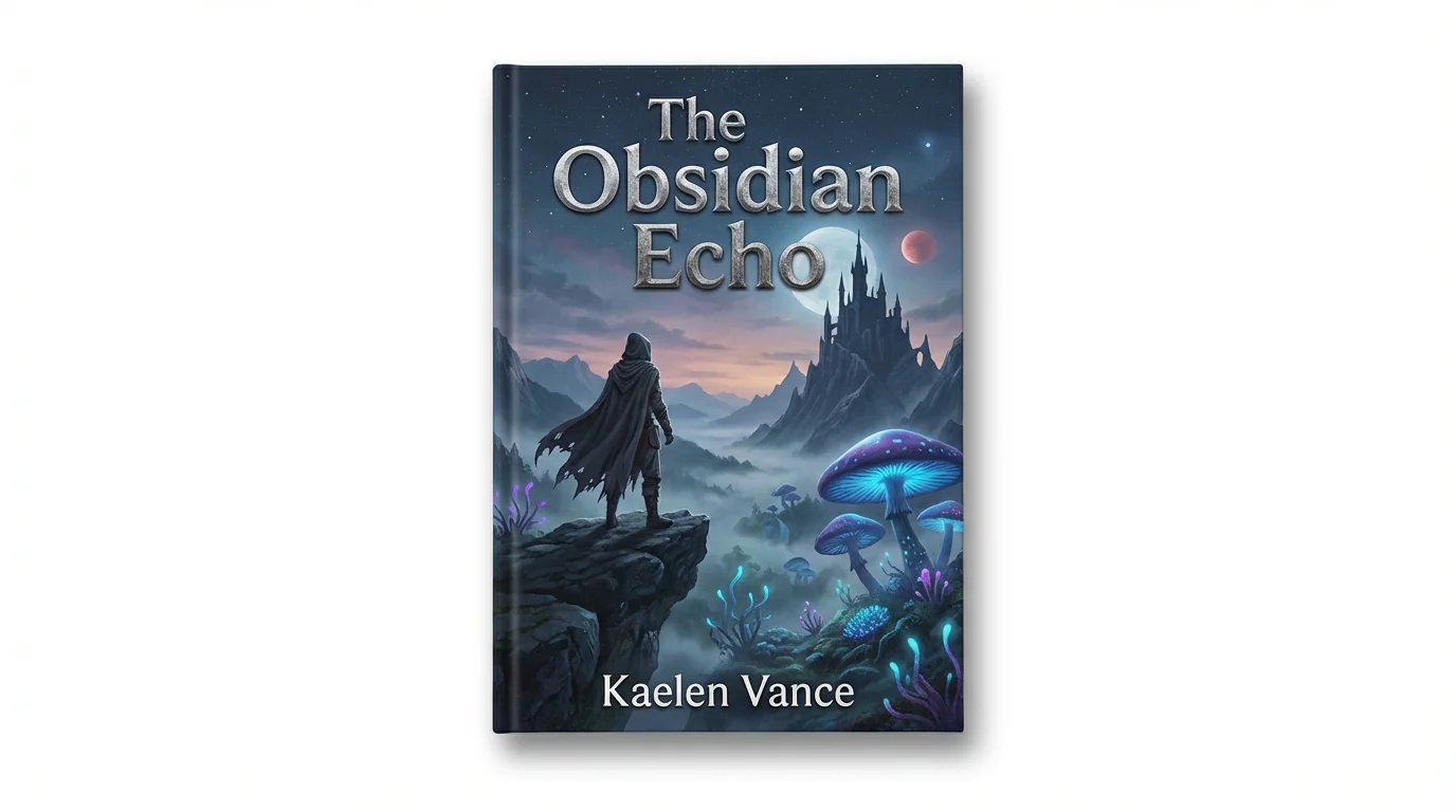 A mockup of a fantasy book cover titled 'The Obsidian Echo' by Kaelen Vance. The cover art shows a cloaked figure looking over a mystical valley with giant glowing mushrooms and a distant castle.