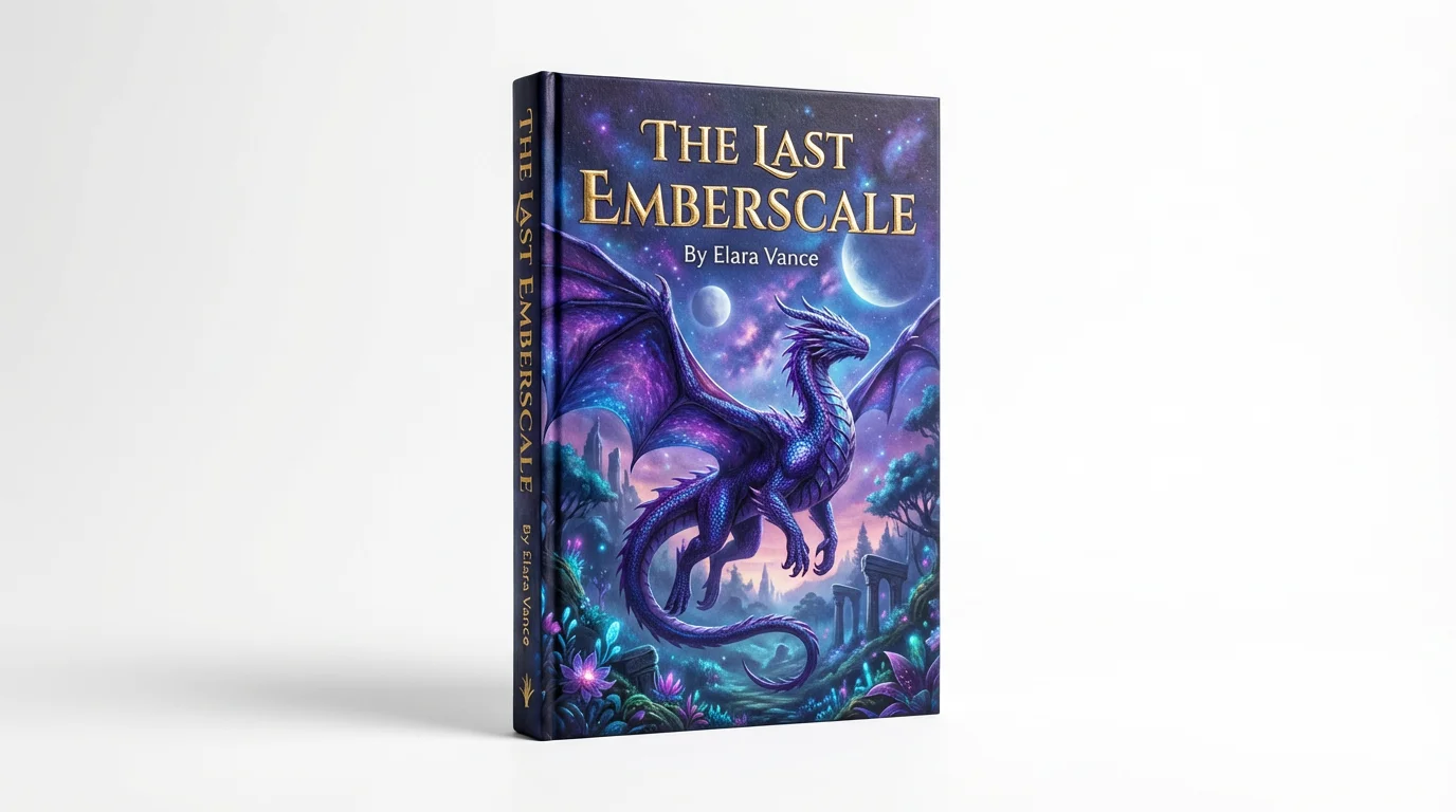 A hardcover fantasy book titled 'The Last Emberscale' by Elara Vance, featuring a vibrant illustration of a majestic dragon flying over a mystical landscape. The book is displayed against a clean white background.