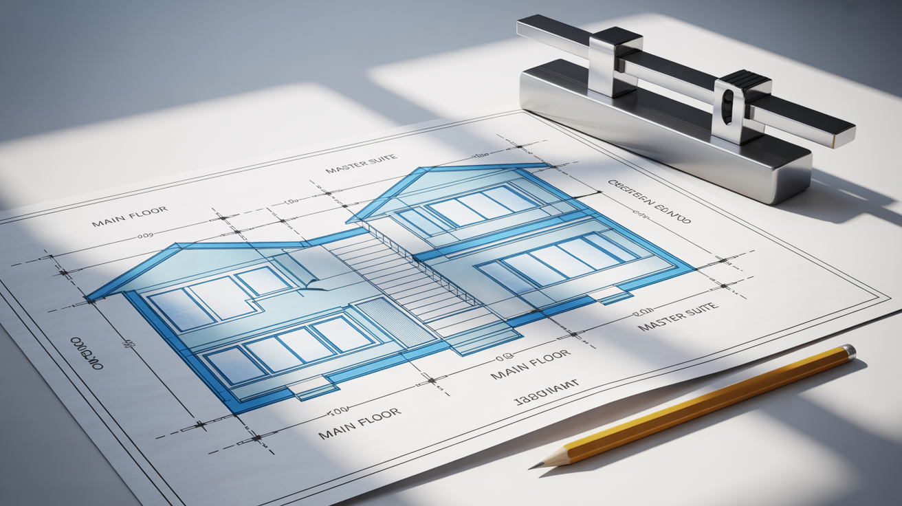 A professional architectural blueprint of a modern house spread out on a white desk, symbolizing the final output of a blueprint design tool.