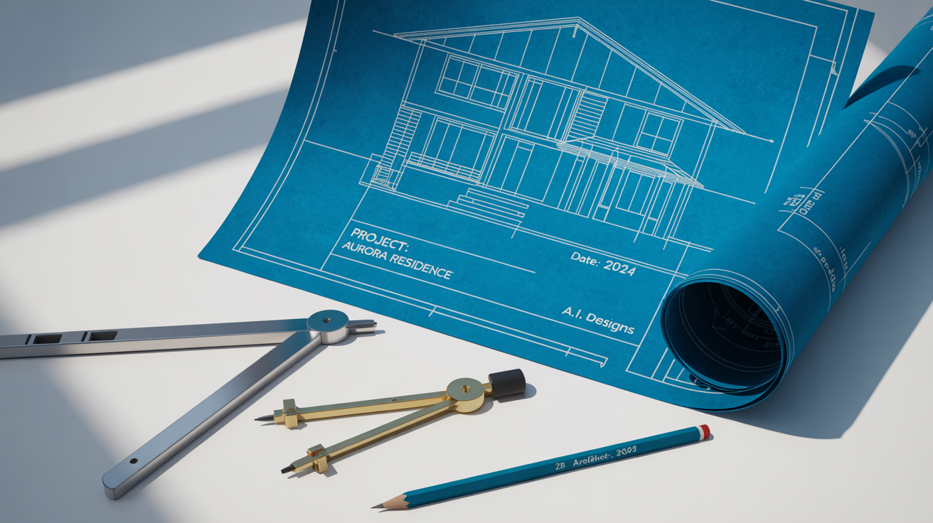 A professional architectural blueprint for a modern residence, partially unrolled on a white surface next to drafting tools like a T-square and pencil.