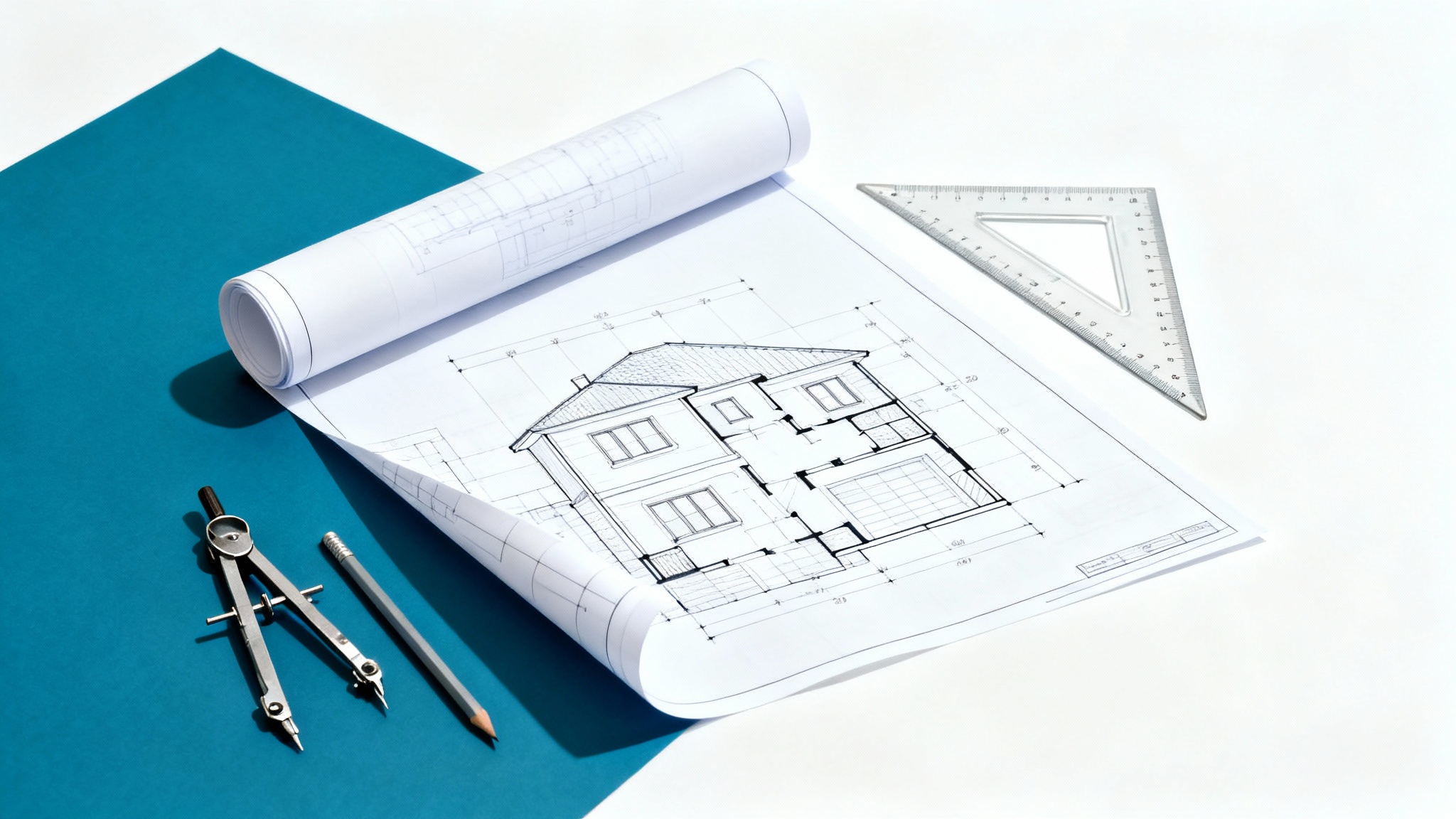 A top-down view of a classic architectural blueprint for a modern home, partially unrolled on a white desk next to drafting tools.