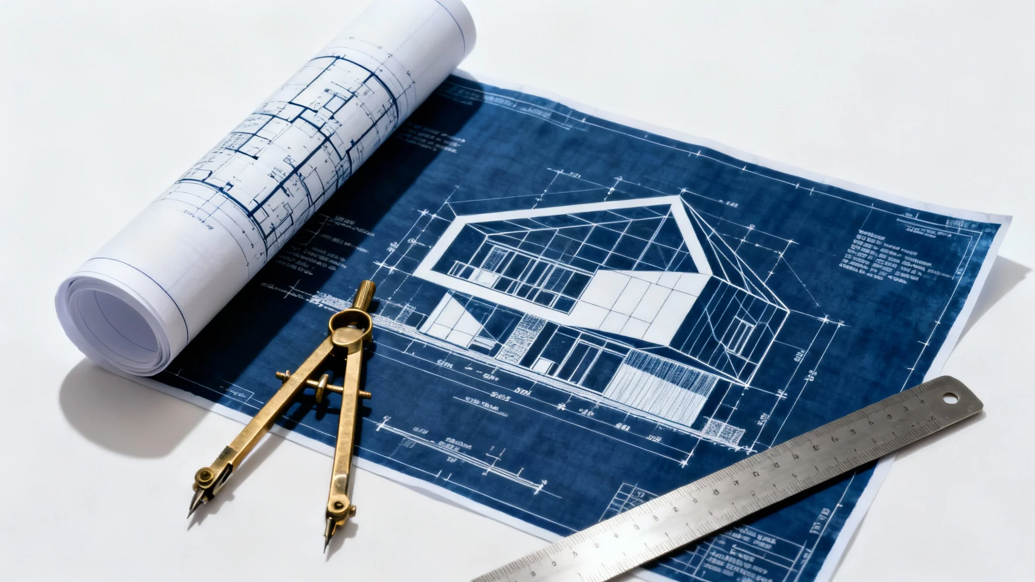 A photorealistic mockup of a classic blue and white architectural blueprint for a modern house, partially unrolled on a white surface next to a compass and a ruler.
