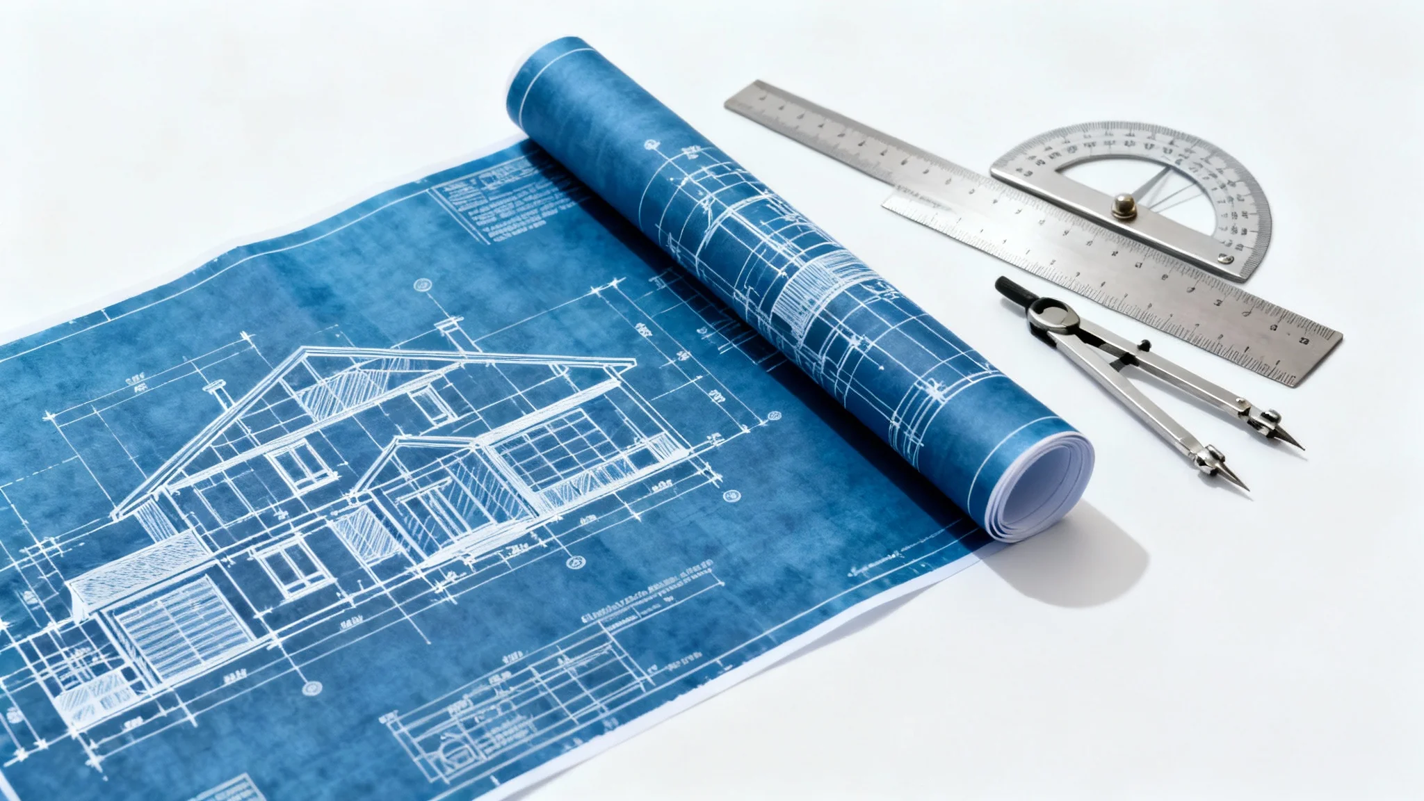 A detailed architectural blueprint of a modern house unrolled on a white surface, with drafting tools like a ruler and compass neatly placed beside it, representing precision design.